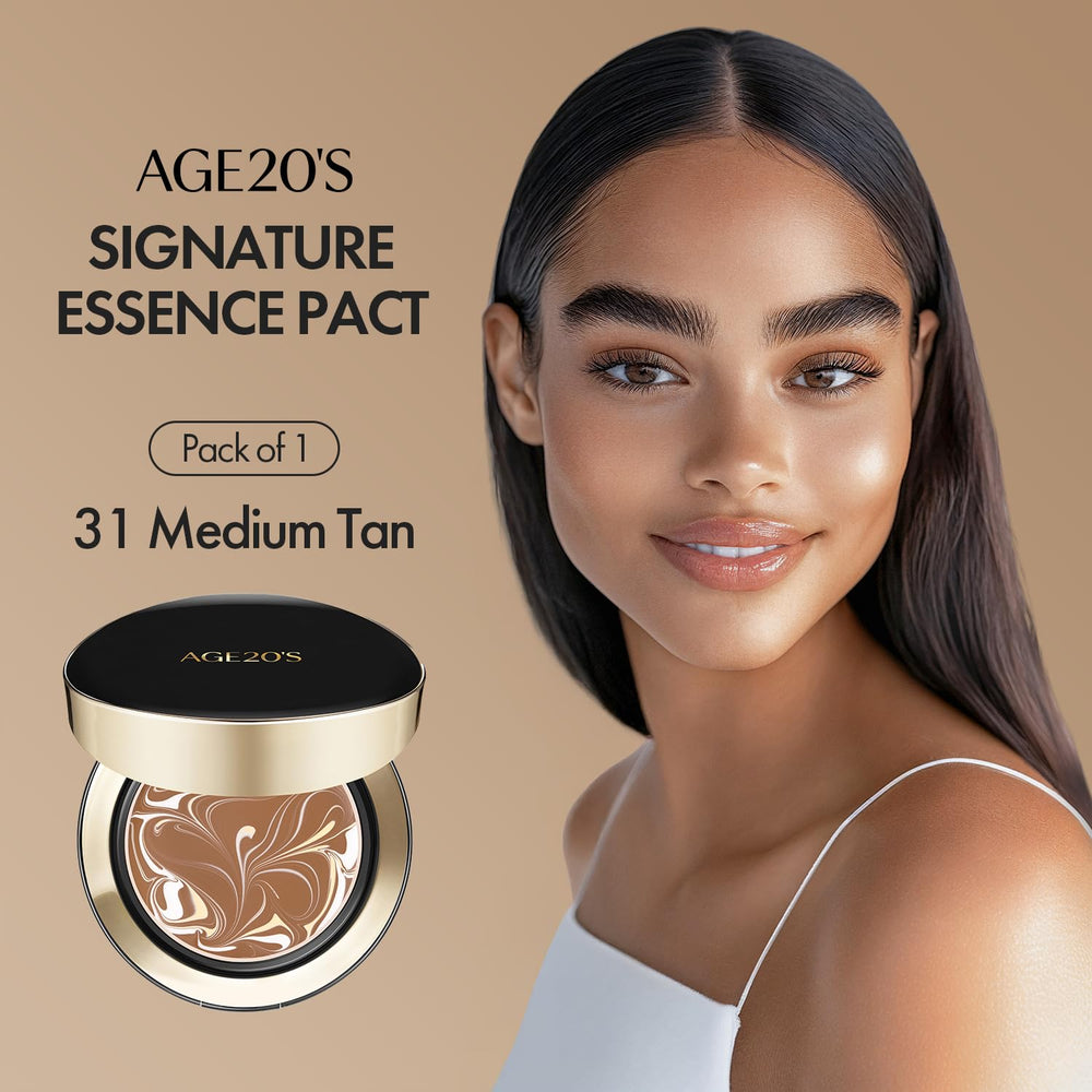 AGE 20's Signature Essence Pact SPF50 dewy finish nourishes skin with 71% essence.