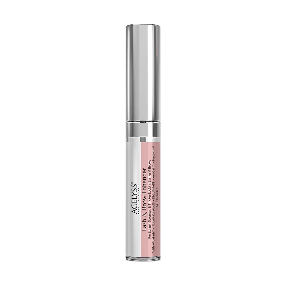 Agelyss Lash & Brow Enhancer bottle shows easy daily use for longer, fuller-looking lashes and brows.