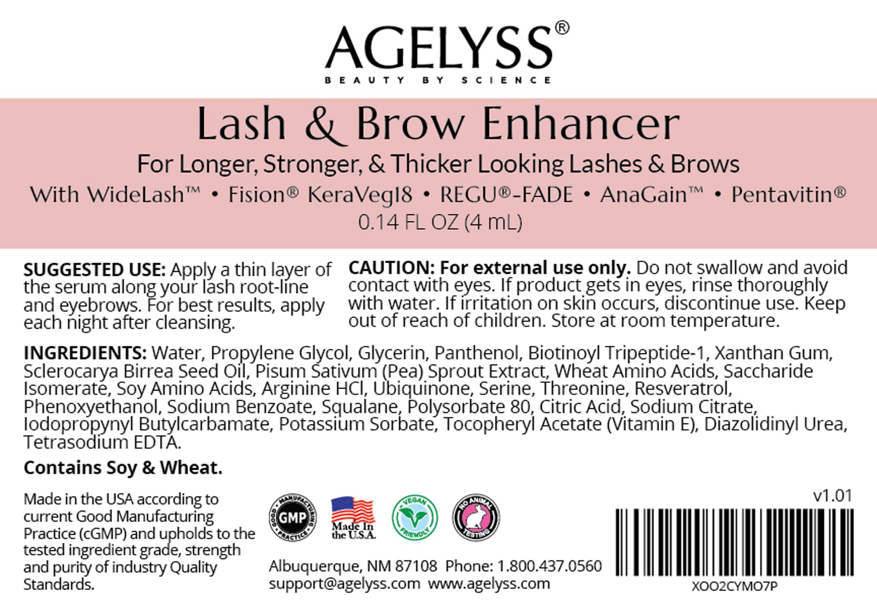 Agelyss Lash & Brow Enhancer packaging highlights patented actives.