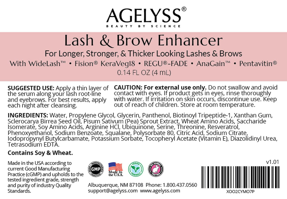 Agelyss Lash & Brow Enhancer packaging highlights patented actives.