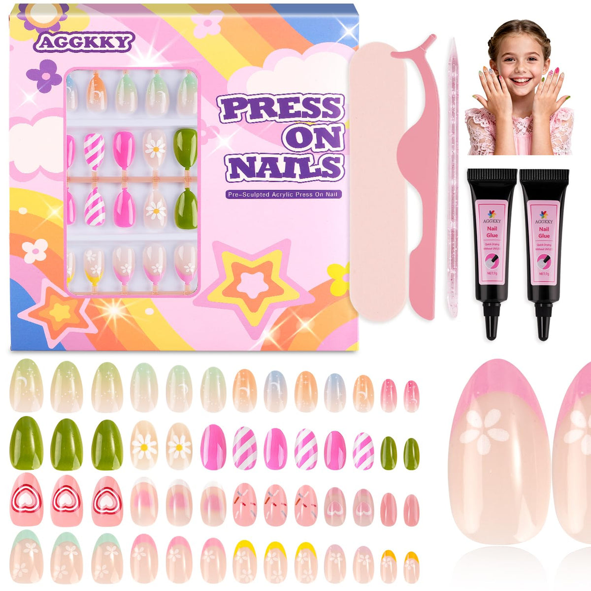 AGGKKY 104 piece kids press-on nails box shows colorful styles for creative play.