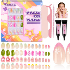 AGGKKY 104 piece kids press-on nails box shows colorful styles for creative play.