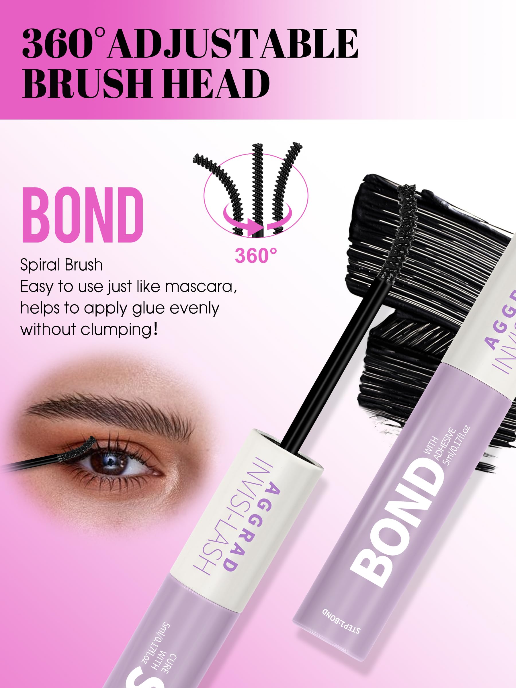 AGGRAD Black Bond swatches demonstrate dramatic wispy look with 2-in-1 adhesion.