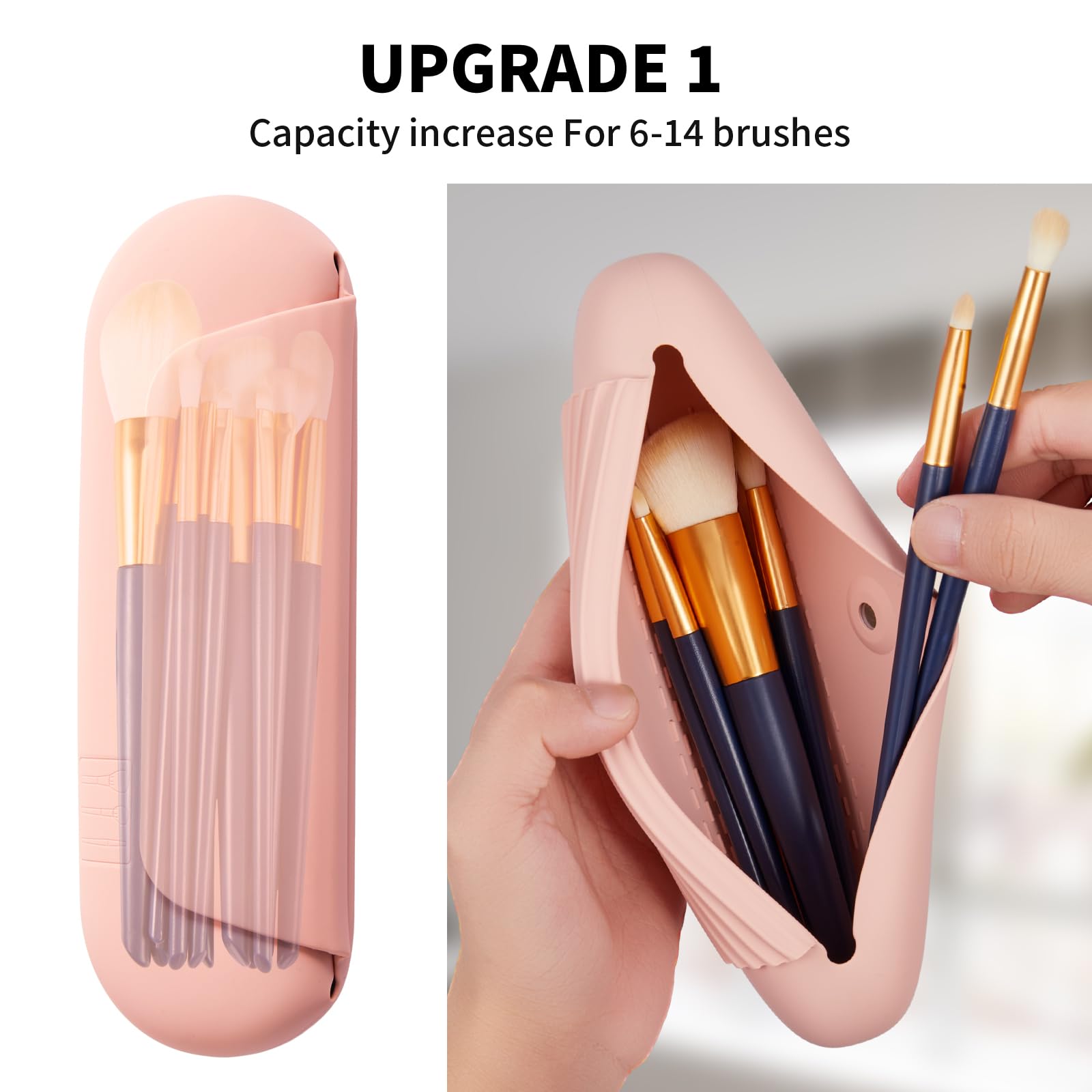 AGIKET silicone makeup brush holder travel case pink sand, open to reveal easy brush access
