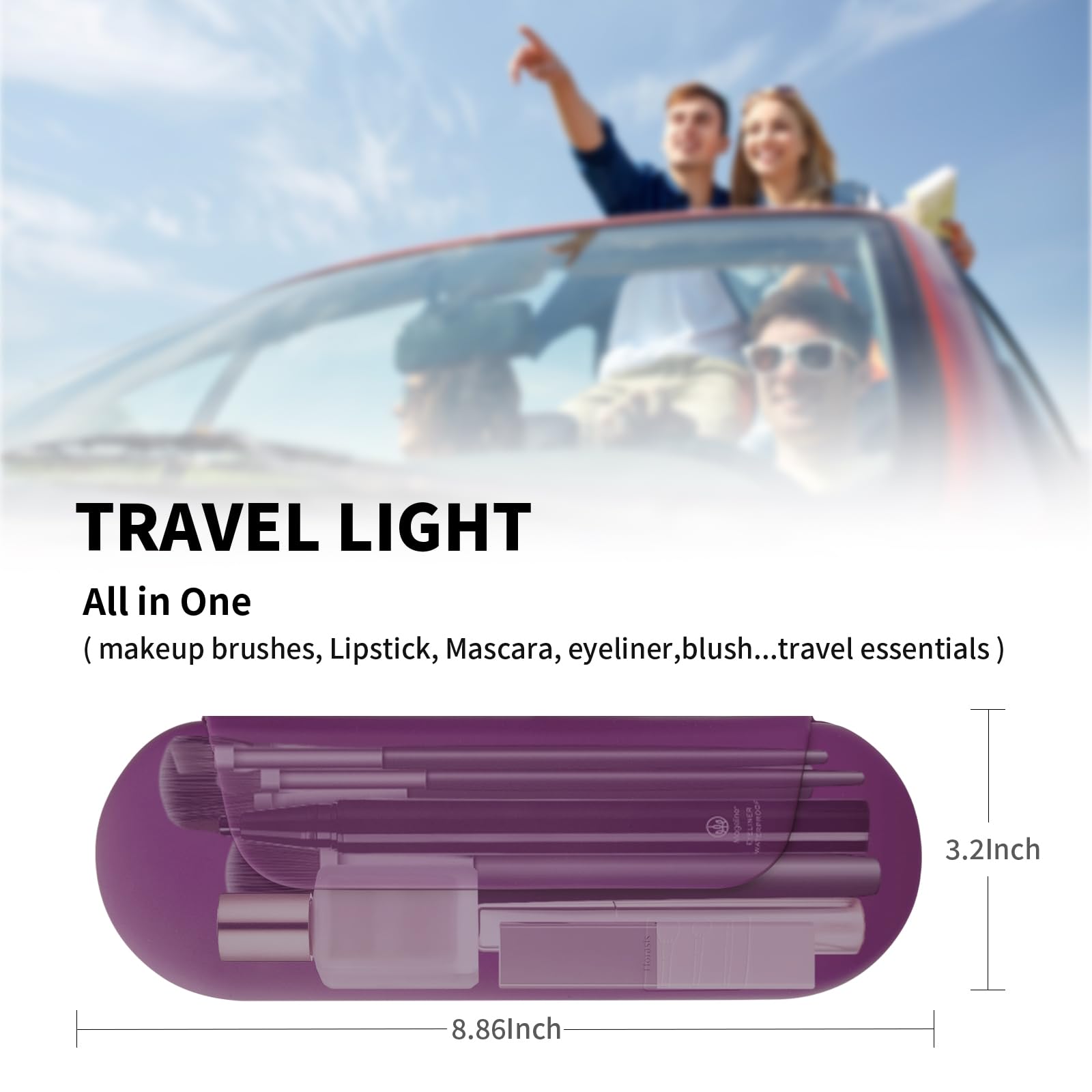 AGIKET travel-friendly makeup brush case shown with contents inside for organization.