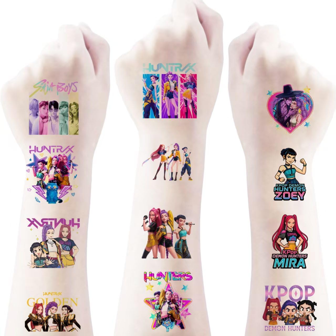 AGOODTO Kpop Demon tattoos pack front with 40 kid-friendly designs.