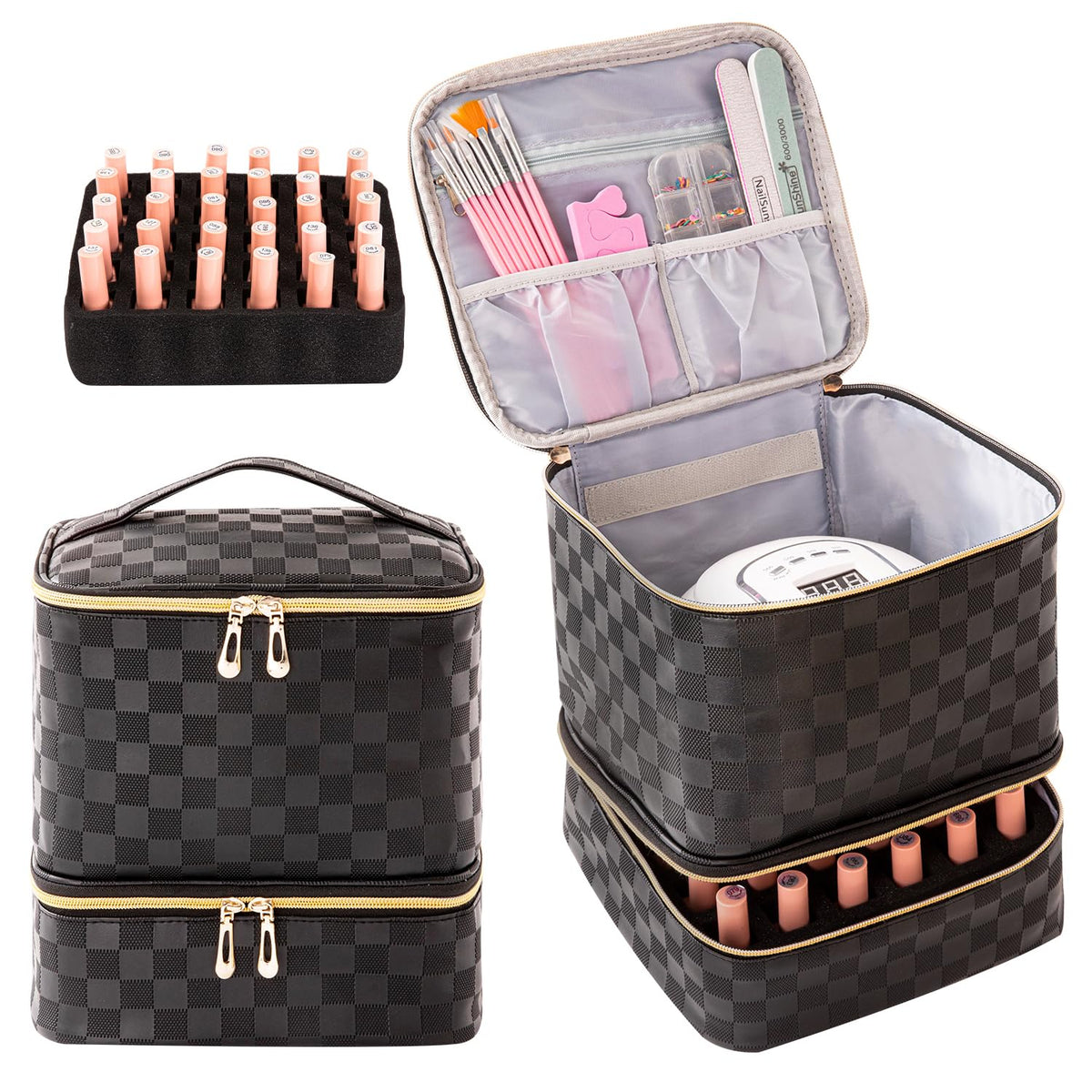 AGX Bravo nail polish organizer bag open interior with padded bottle slots for transport.