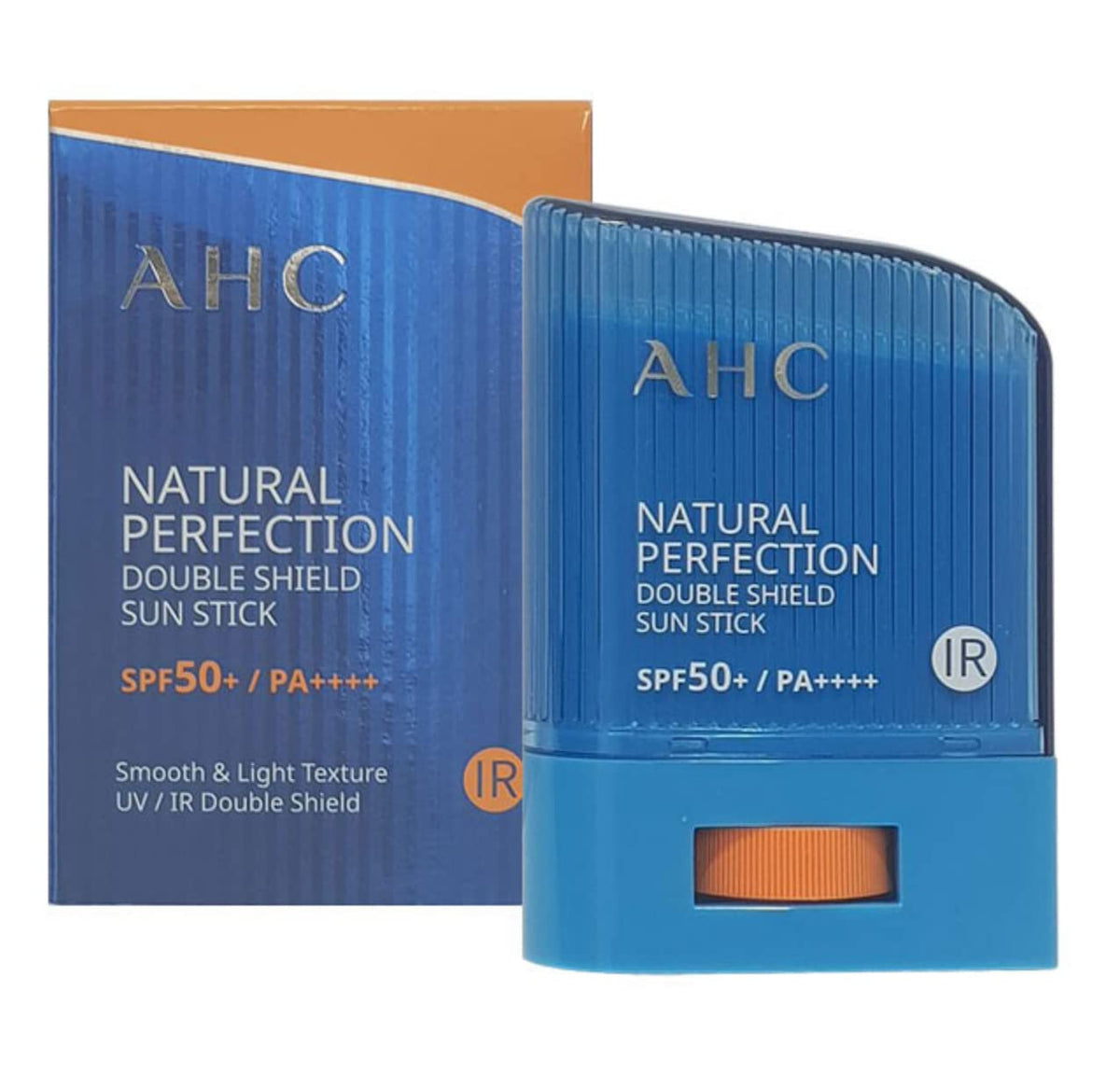 AHC Natural Perfection Fresh Sun Stick packaging shows a compact, portable sunscreen for on-the-go protection.