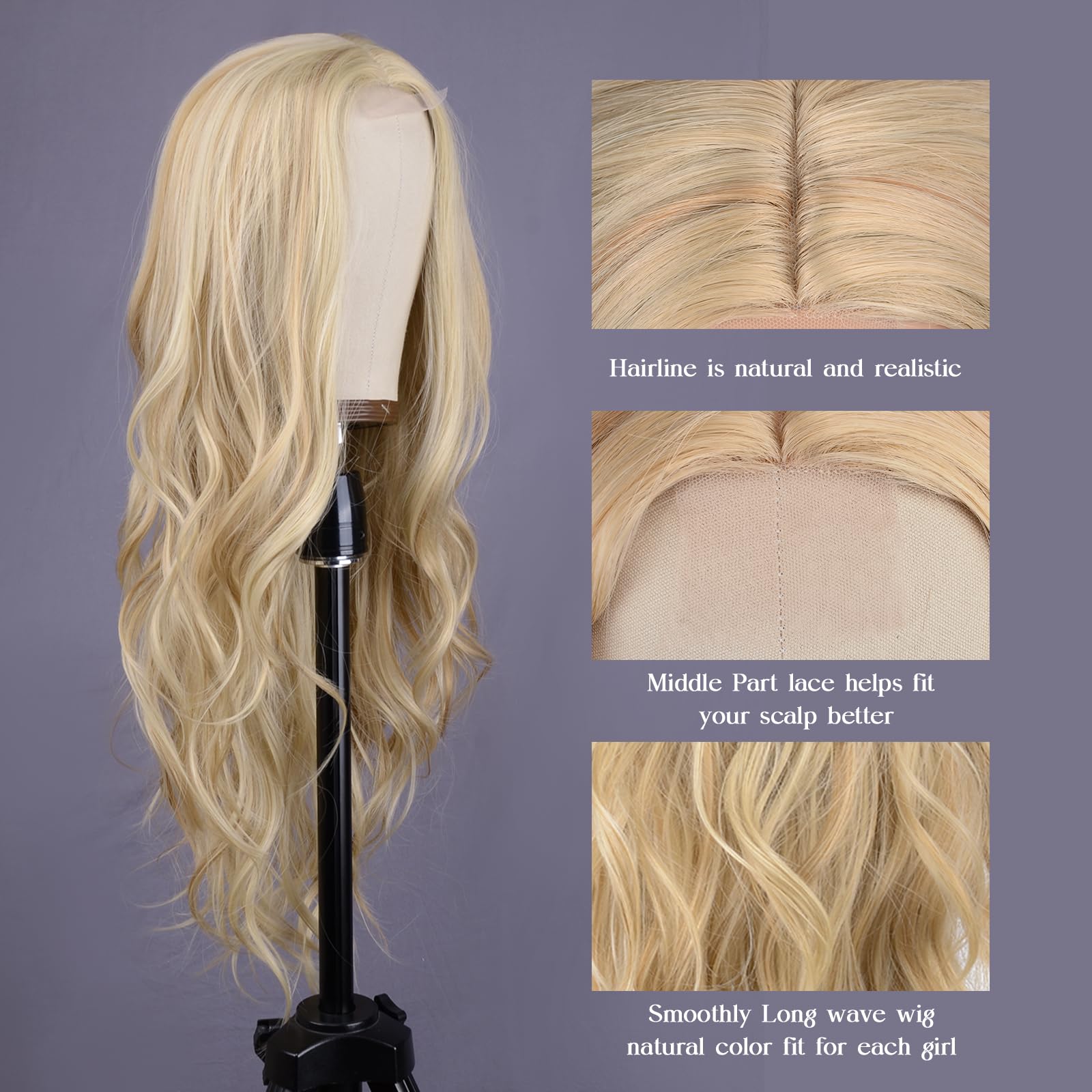 Aida ble middle-part long-wave wig demonstrates realistic scalp and parting for everyday looks.