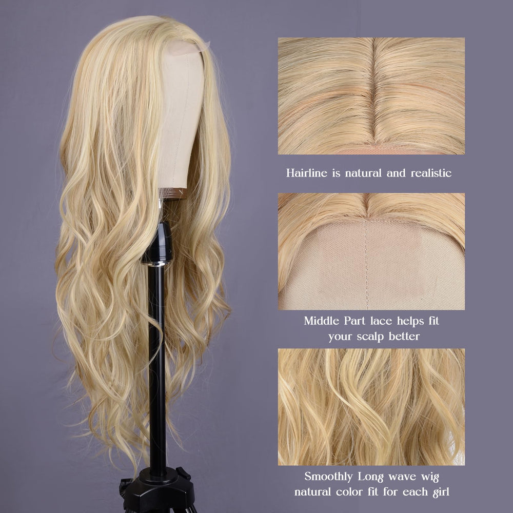 Aida ble middle-part long-wave wig demonstrates realistic scalp and parting for everyday looks.