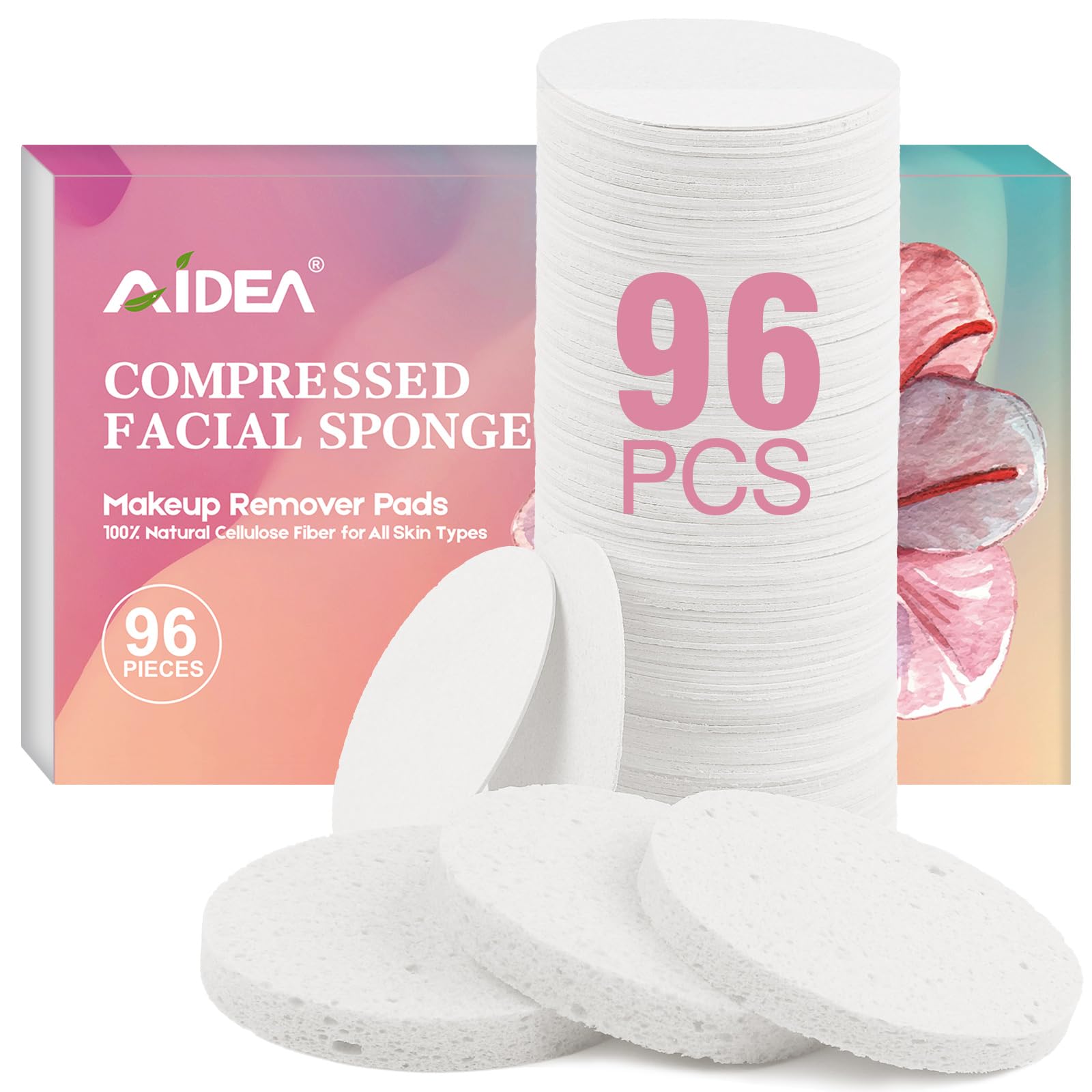 AIDEA compressed facial sponges 96count white round close-up for gentle cleansing