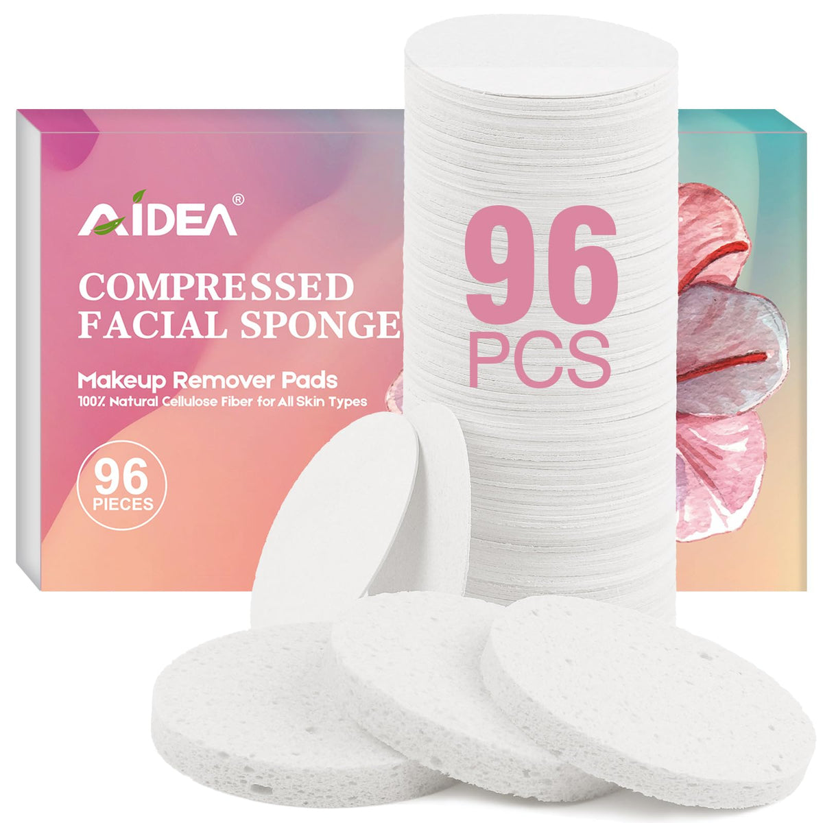 AIDEA compressed facial sponges 96count white round close-up for gentle cleansing
