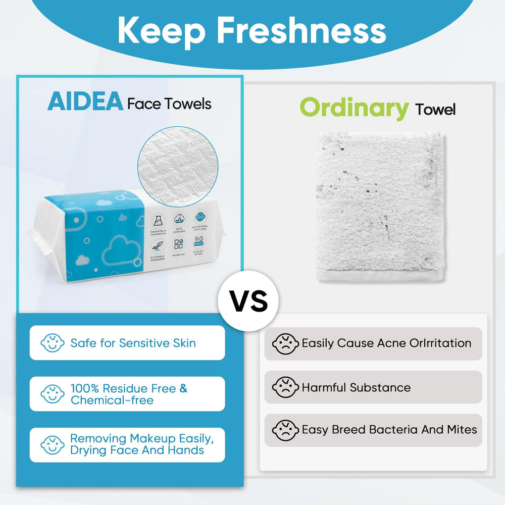 AIDEA face towel six-pack 100-count per pack for home and travel.