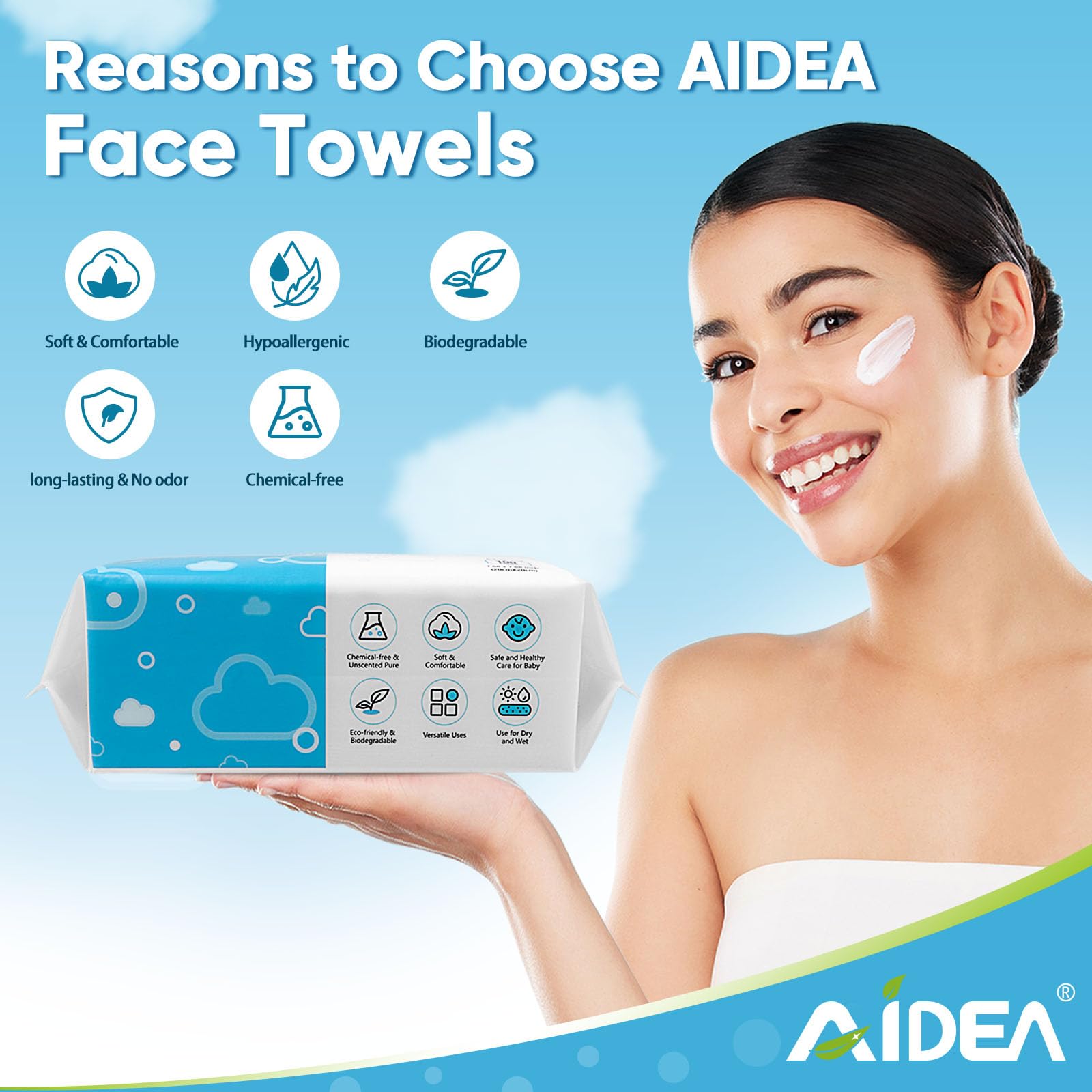 AIDEA face towel 7-8 inch square size for convenient wiping.
