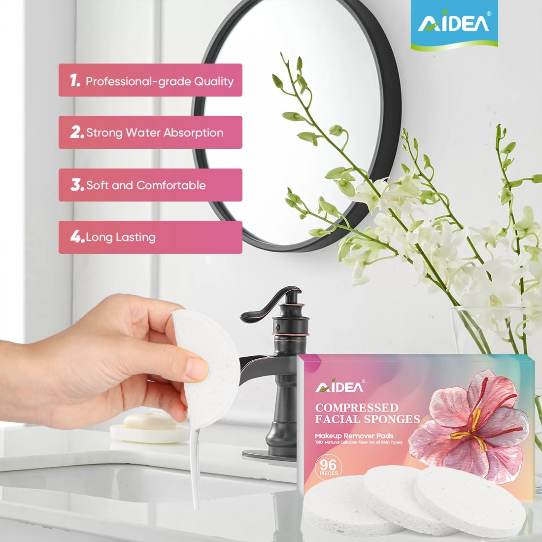 AIDEA sponges absorbing liquid close-up demonstrating absorbency for cleansing