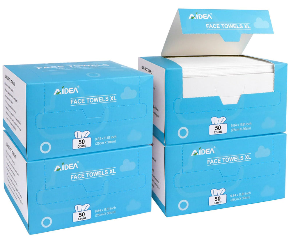 AIDEA XL Face Towels packaging for 200-count four-box set, travel-ready.