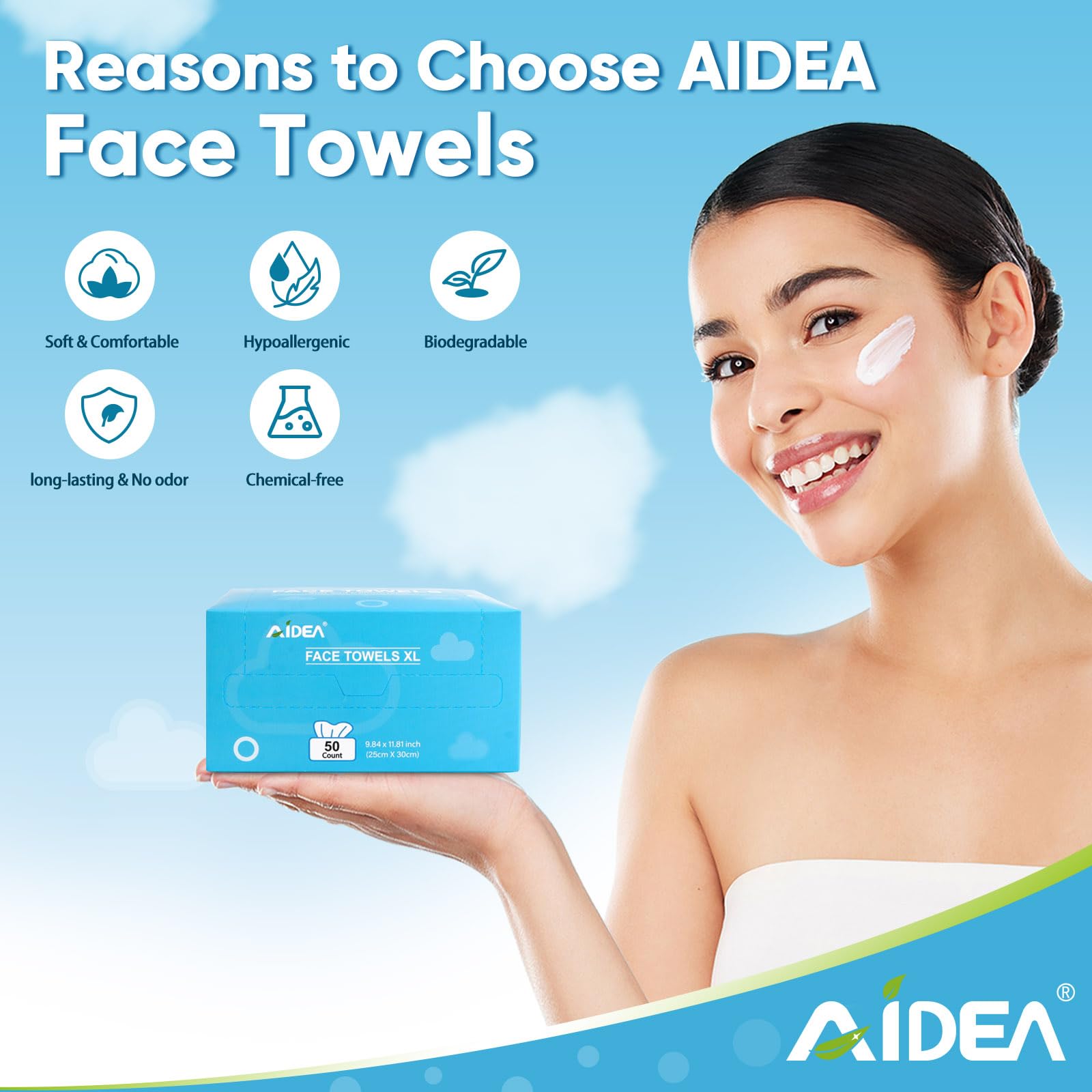 AIDEA XL face towels leave no lint, delivering a smooth post-cleansing finish.