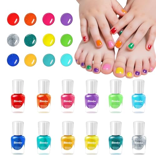 Aieenjor Kids Nail Polish Kit 12-color bottles display vibrant tones for playful manicures.