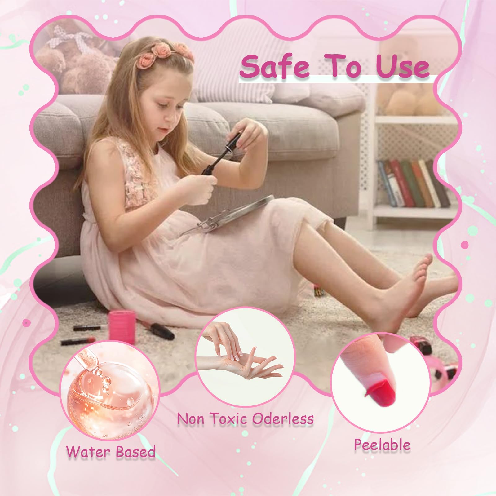 Aieenjor Kids Nail Polish Kit pretend-play setup encourages imaginative makeup.