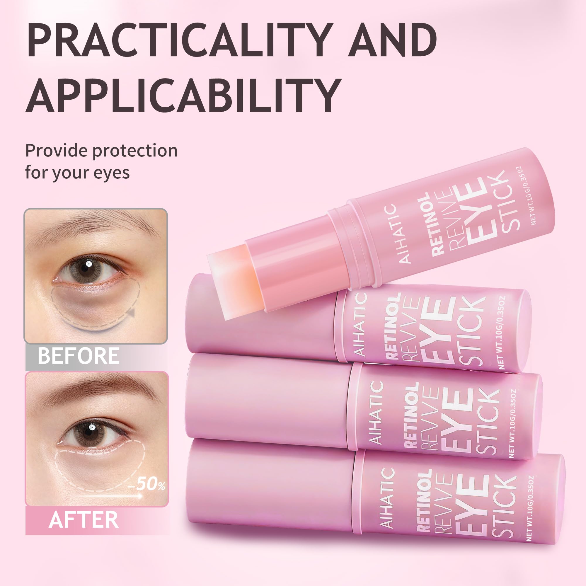 Aihatic retinol caffeine eye balm stick being applied under the eye area