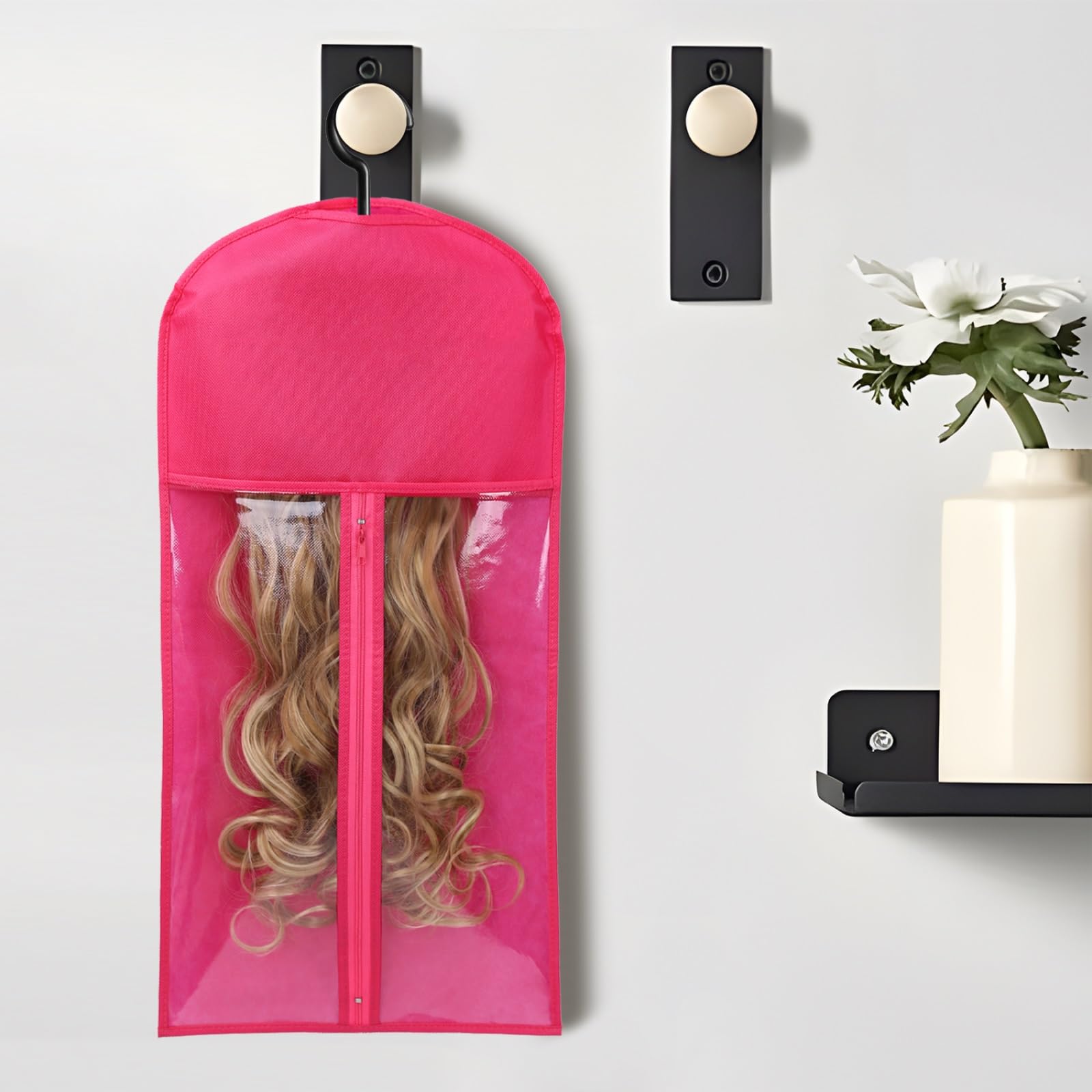 AIHOPESTO wig storage bags with hanger in closet keeping wigs organized and accessible.