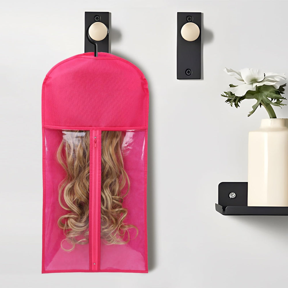 AIHOPESTO wig storage bags with hanger in closet keeping wigs organized and accessible.