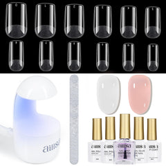 AILLSA gel nail kit setup with short square tips for at-home manicure.