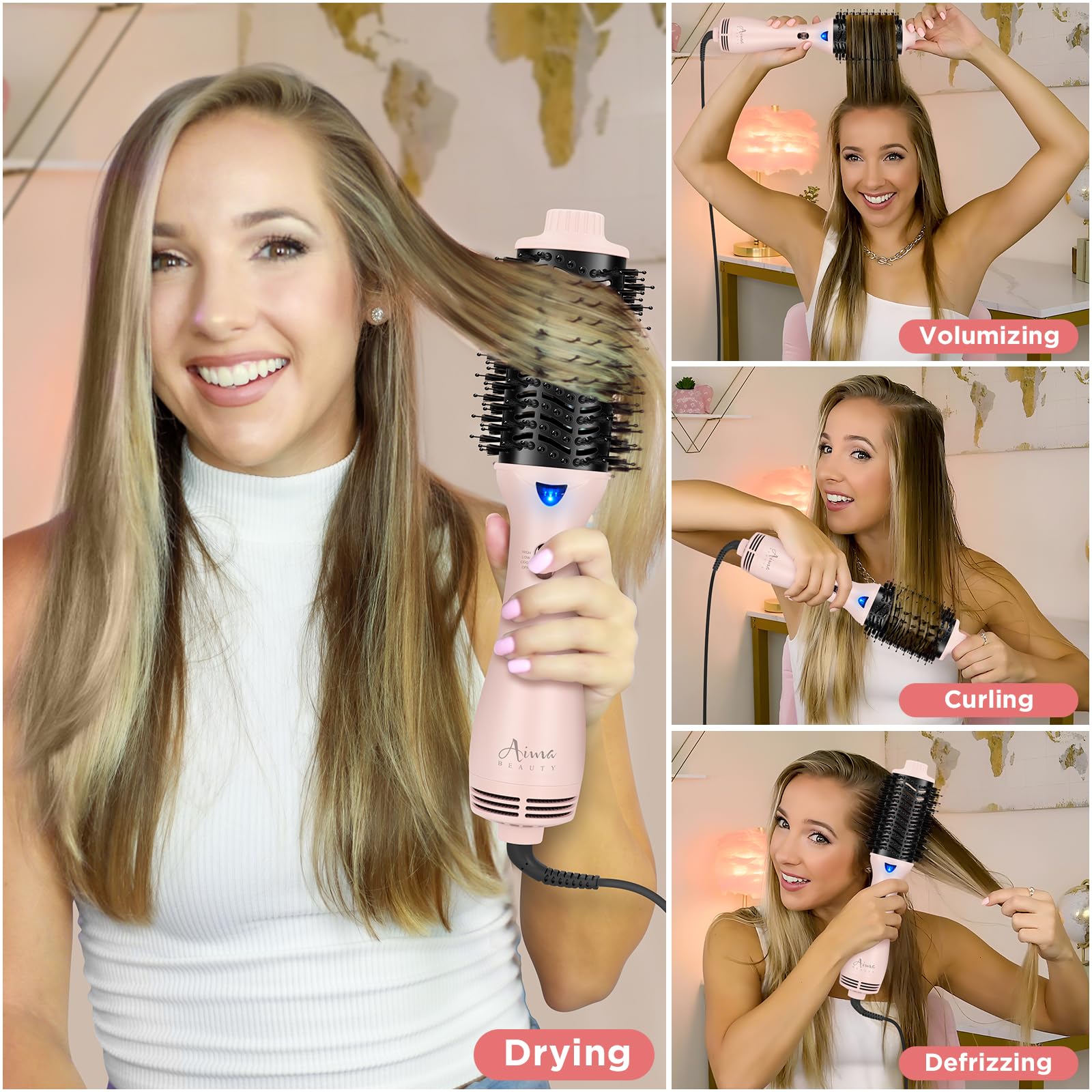 Aima Beauty One-Step Volumizer pink brush with heat settings illustration