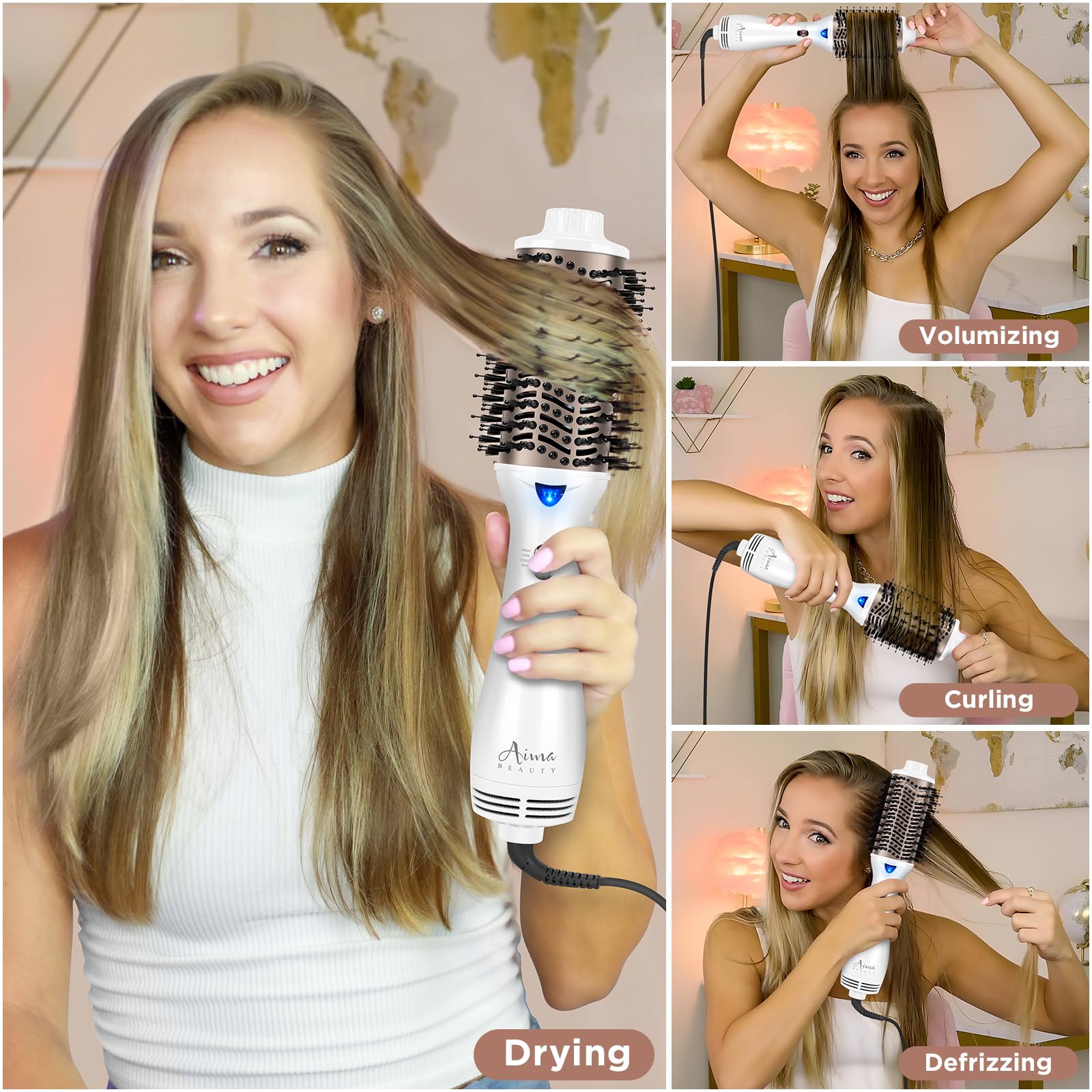 Aima Beauty oval brush detangles hair with nylon pins and tufted bristles.