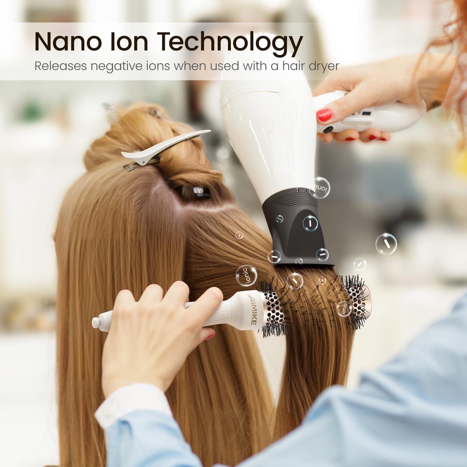 AIMIKE NaturaVol round brush with hair-sectioning clips supports fast, precise styling.