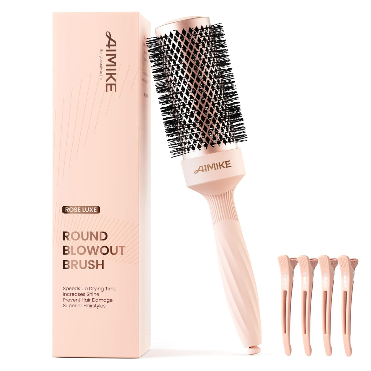 AIMIKE Rose Luxe round brush with 1.7 inch barrel boosts volume during blowouts.