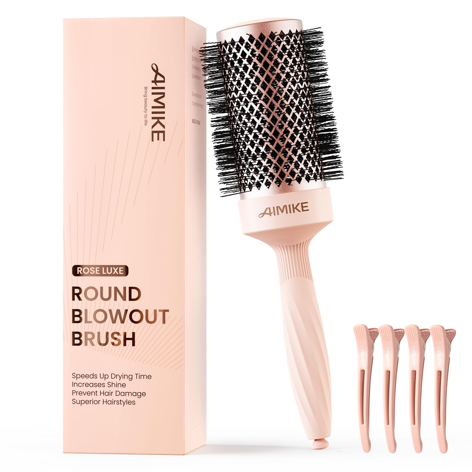 AIMIKE Rose Luxe Round Brush for blowouts showing salon-volume at home