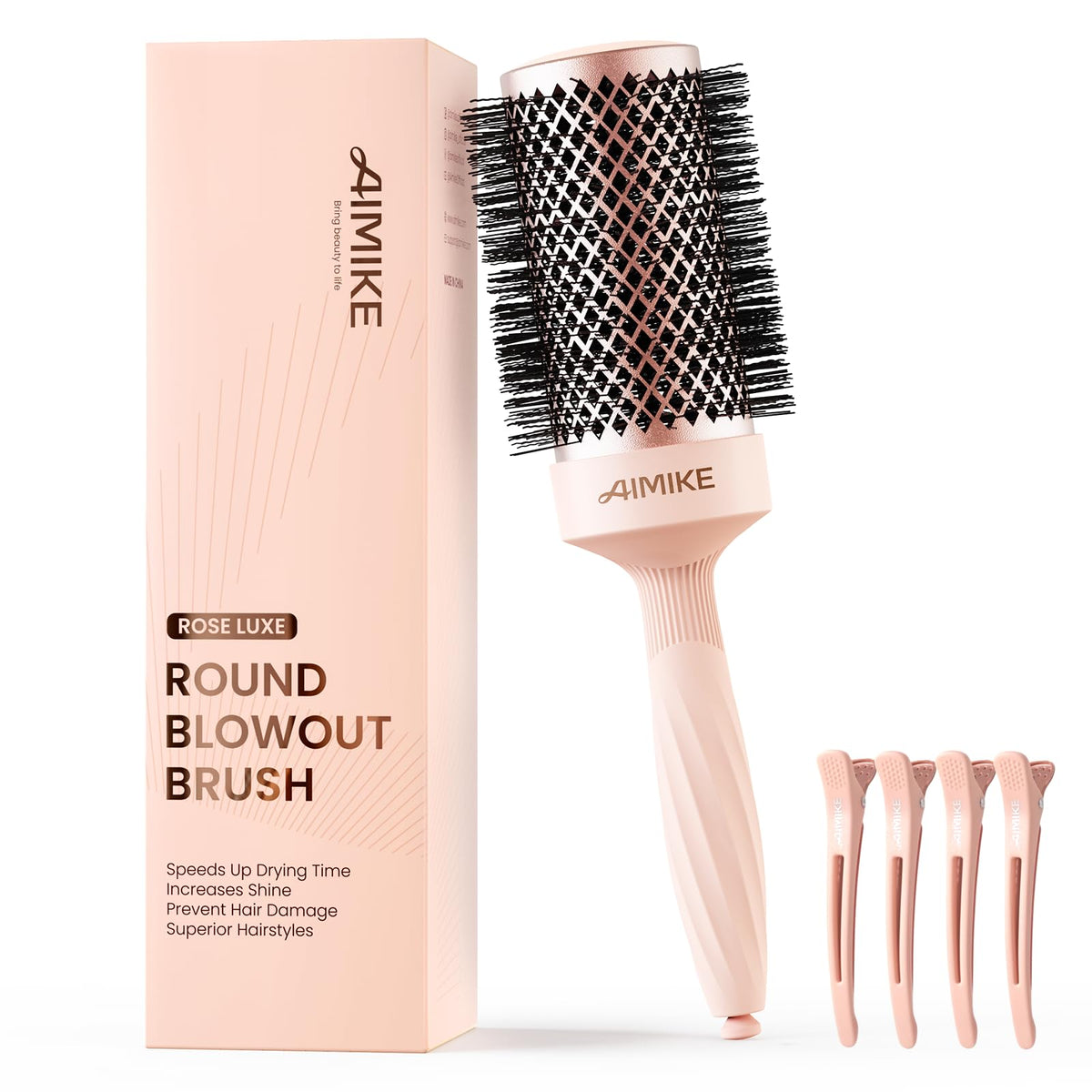 AIMIKE Rose Luxe Round Brush close-up shows a sleek design for smooth blowouts