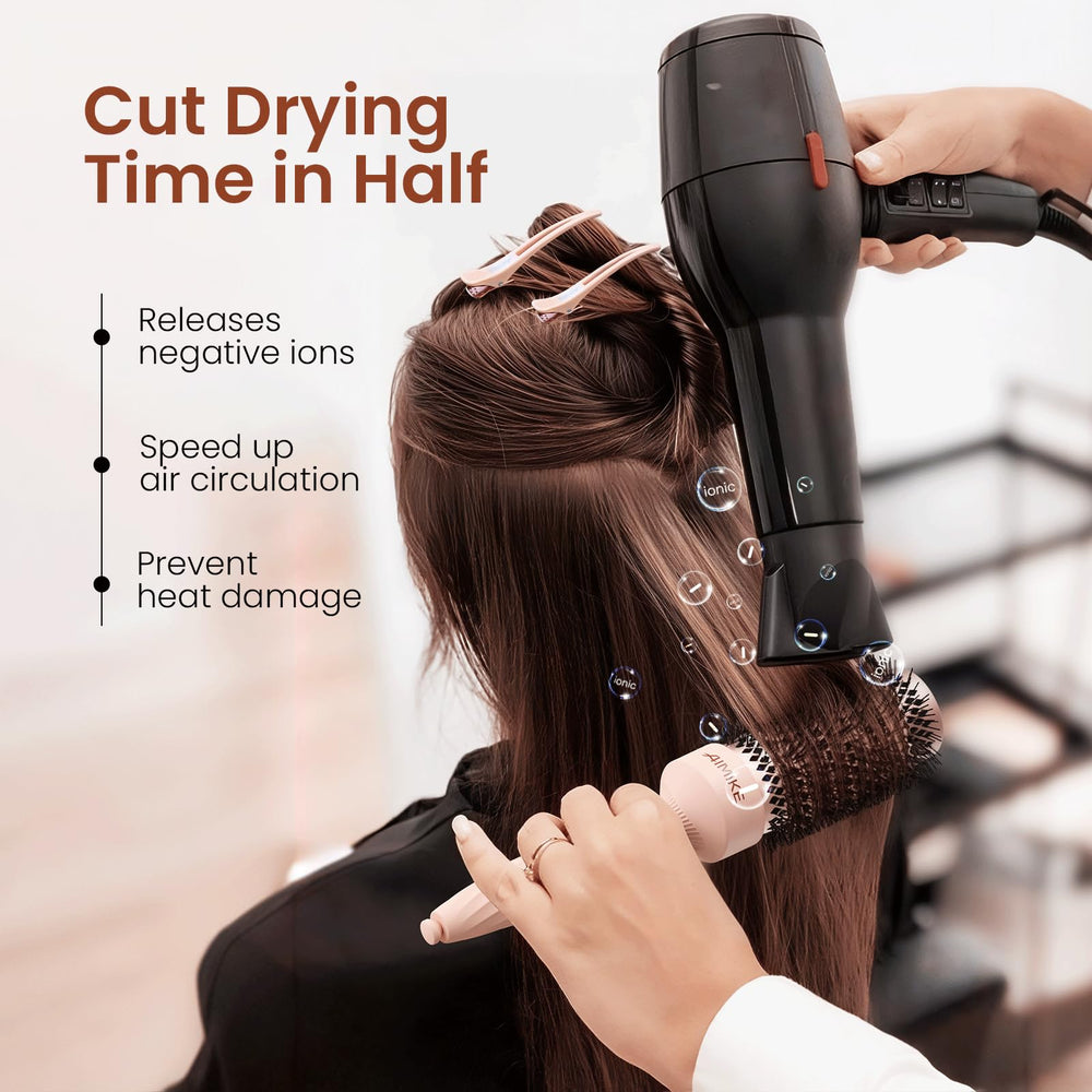 AIMIKE Rose Luxe round brush with ventilated rose-gold barrel speeds up drying.