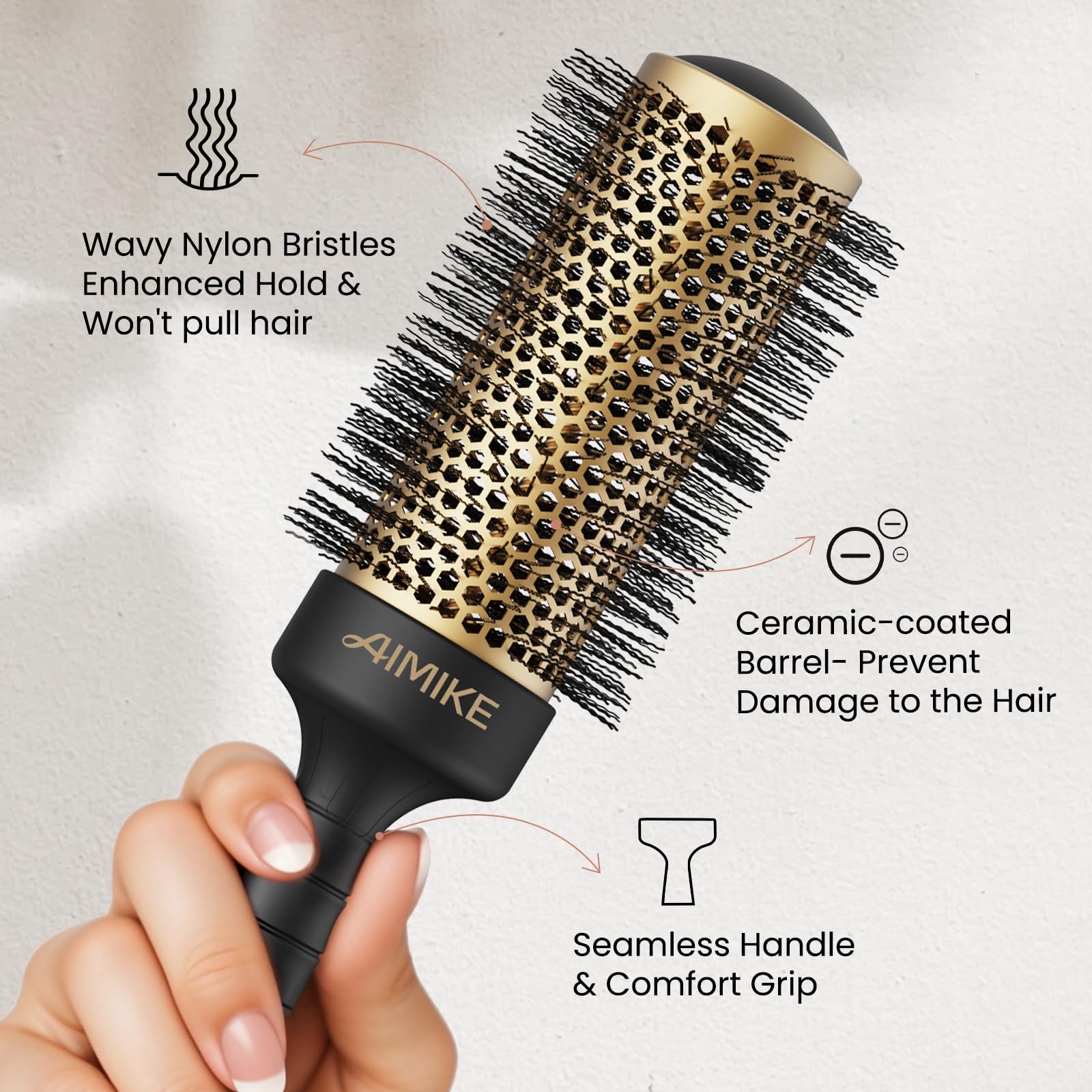 AIMIKE round brush durable-skin-friendly-wavy-bristles protect scalp during use.