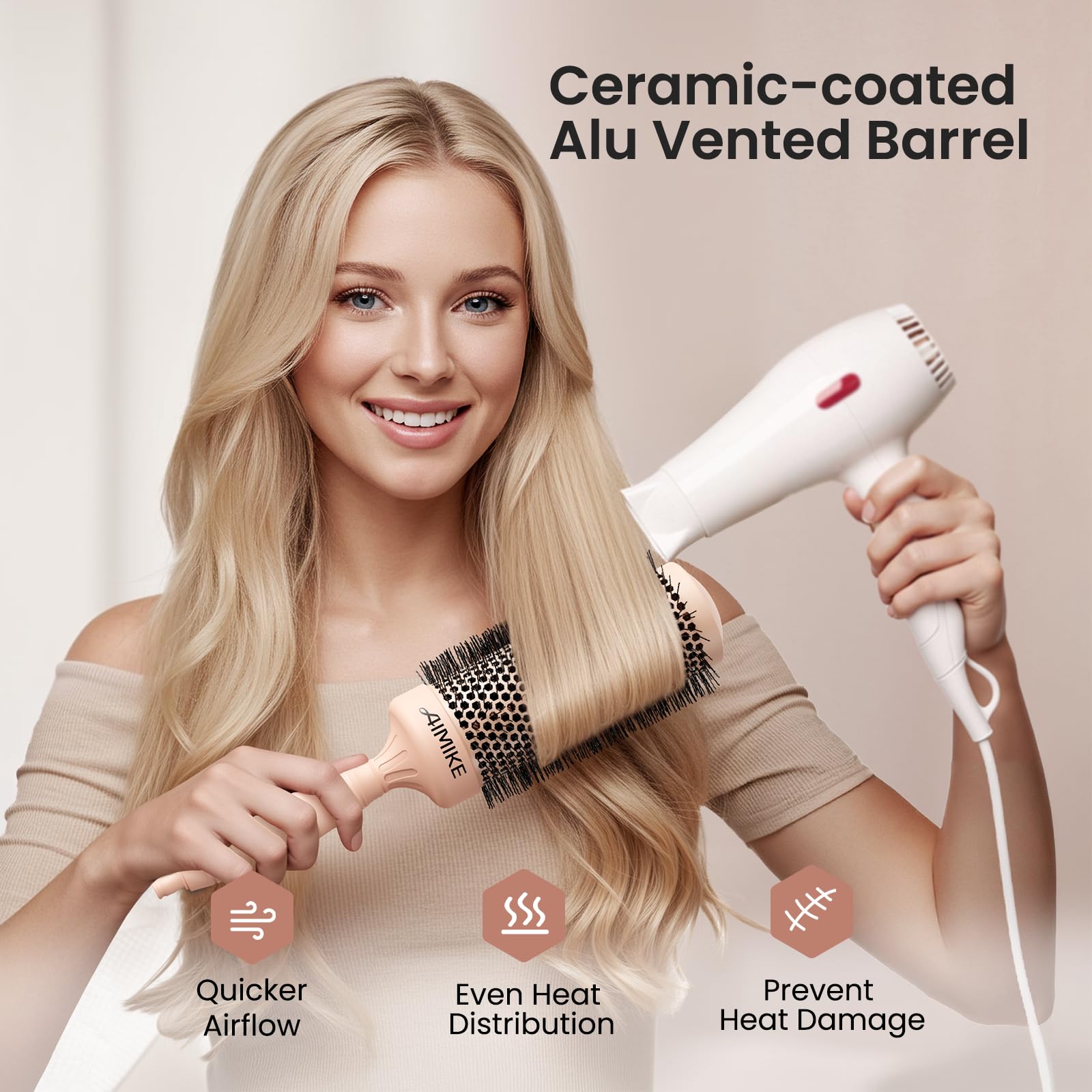 AIMIKE round brush ergonomic one-piece handle reduces wrist fatigue and improves grip
