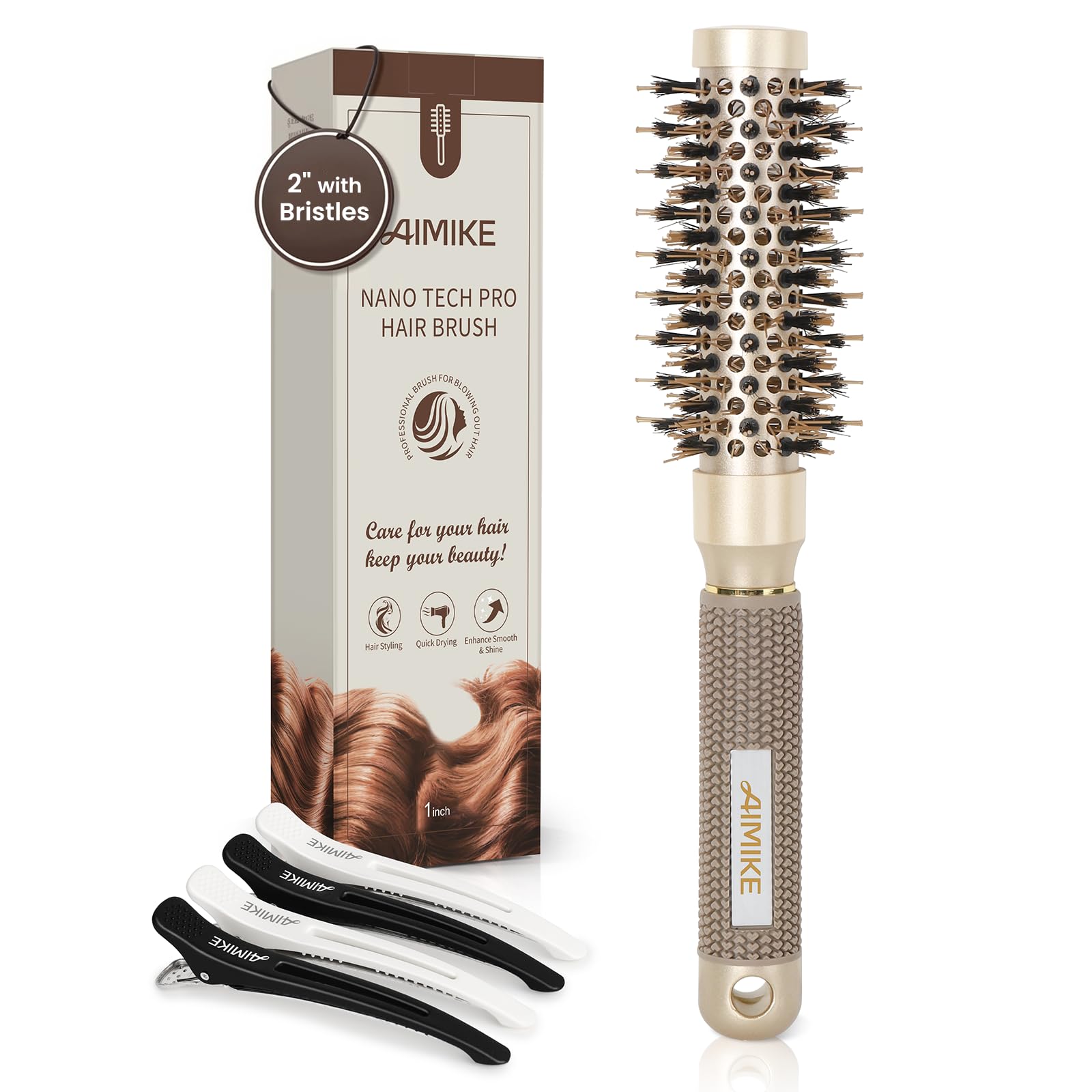 AIMIKE round hair brush close-up bristles for smooth frizz-free finish.