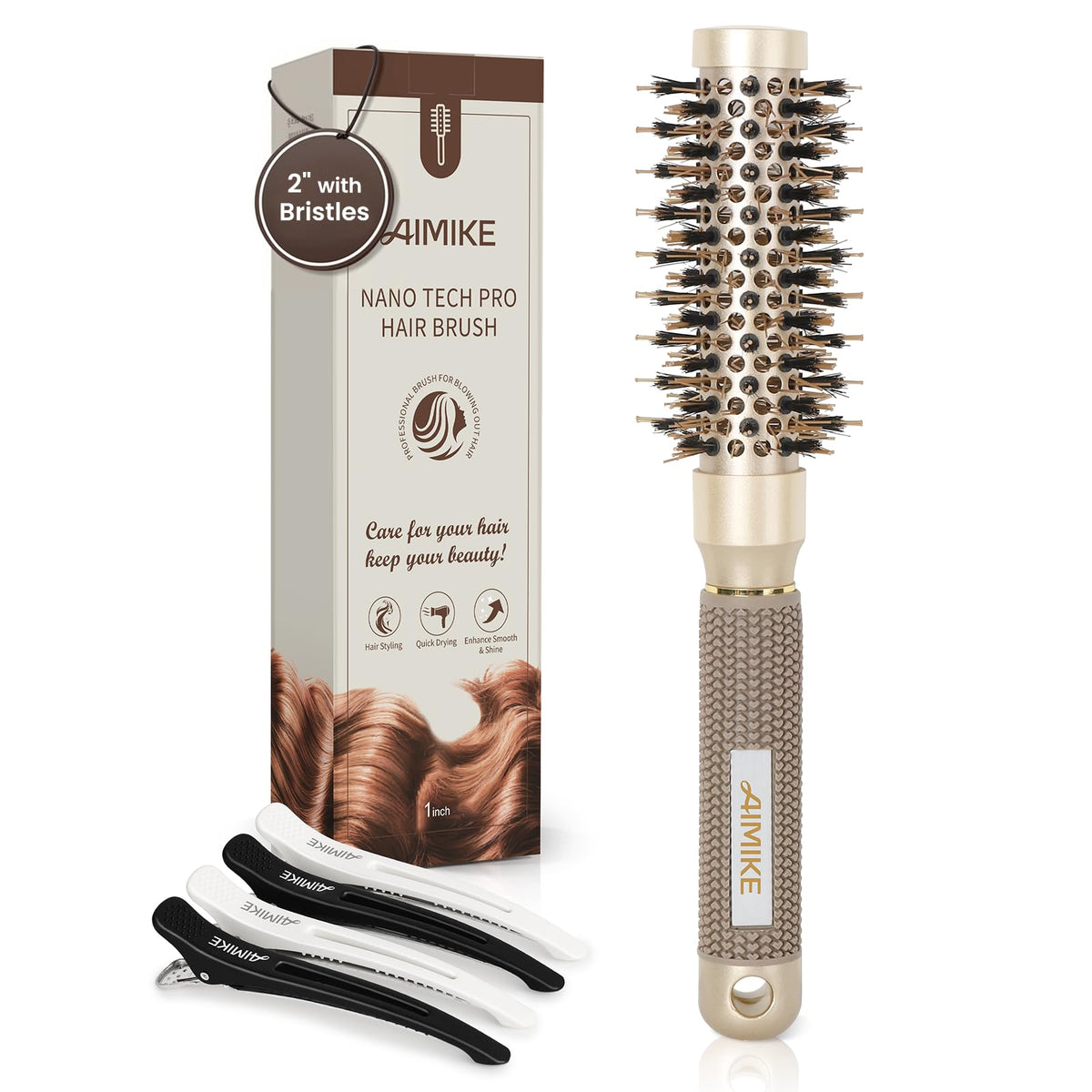AIMIKE round hair brush close-up bristles for smooth frizz-free finish.