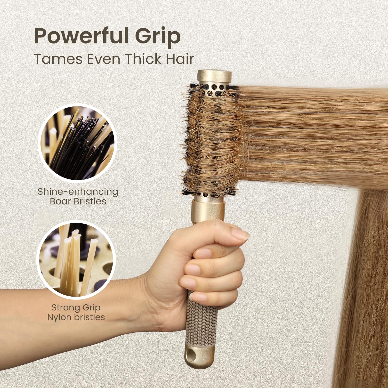 AIMIKE round hair brush ergonomic handle offers comfortable grip during styling.