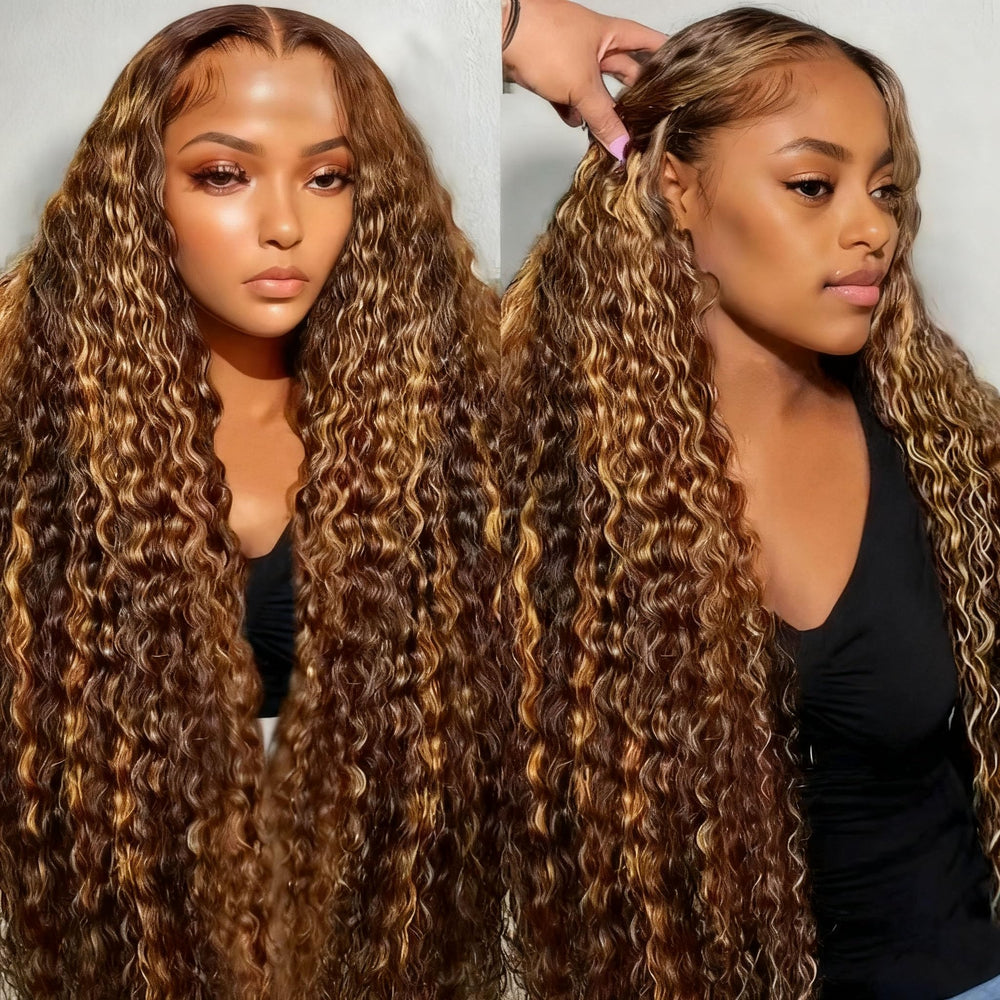 Aimking Highlight Wigs deep wave texture closeup highlighting rich curl pattern and volume.