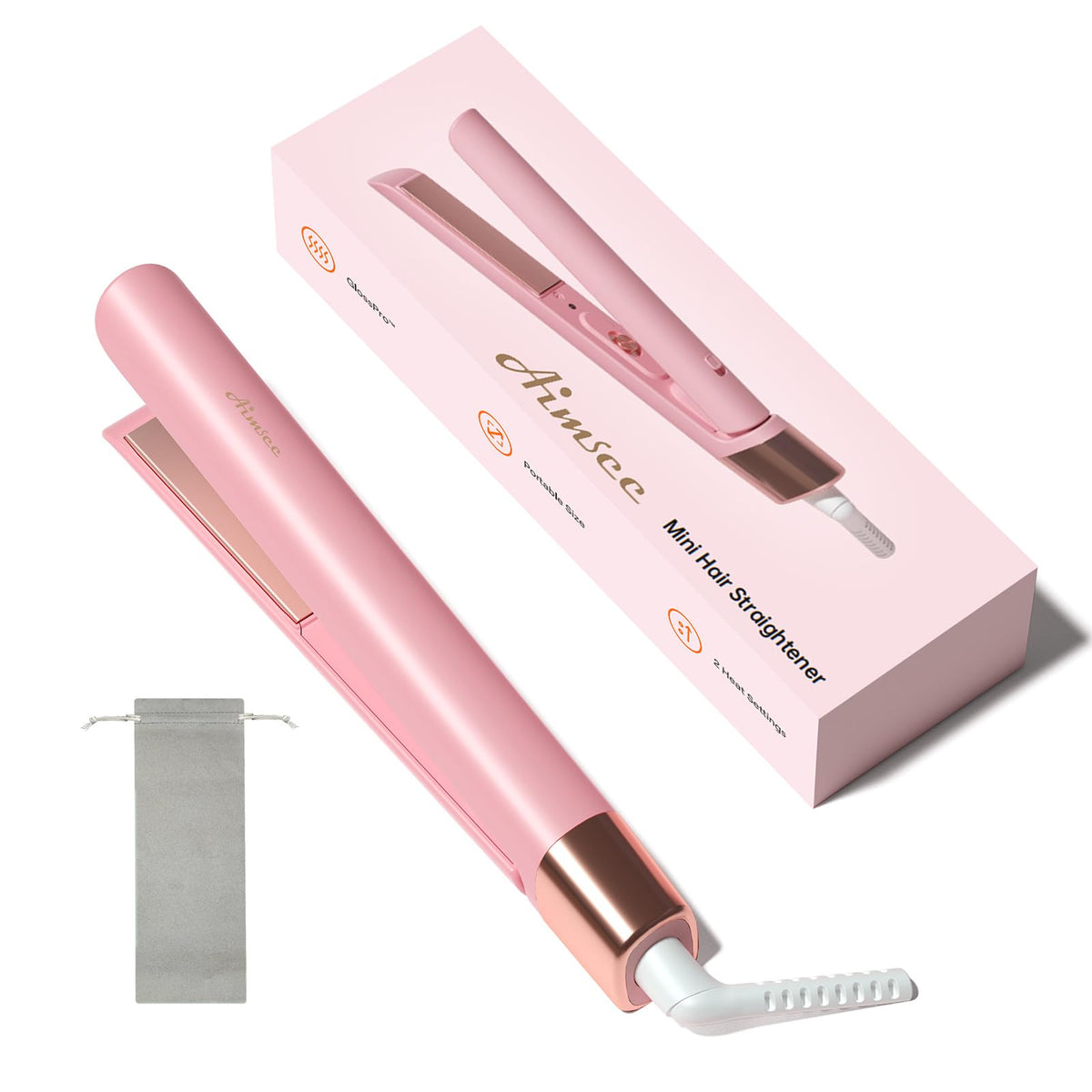 AIMSEE Mini Flat Iron travel-compact in a bag for quick touch-ups.