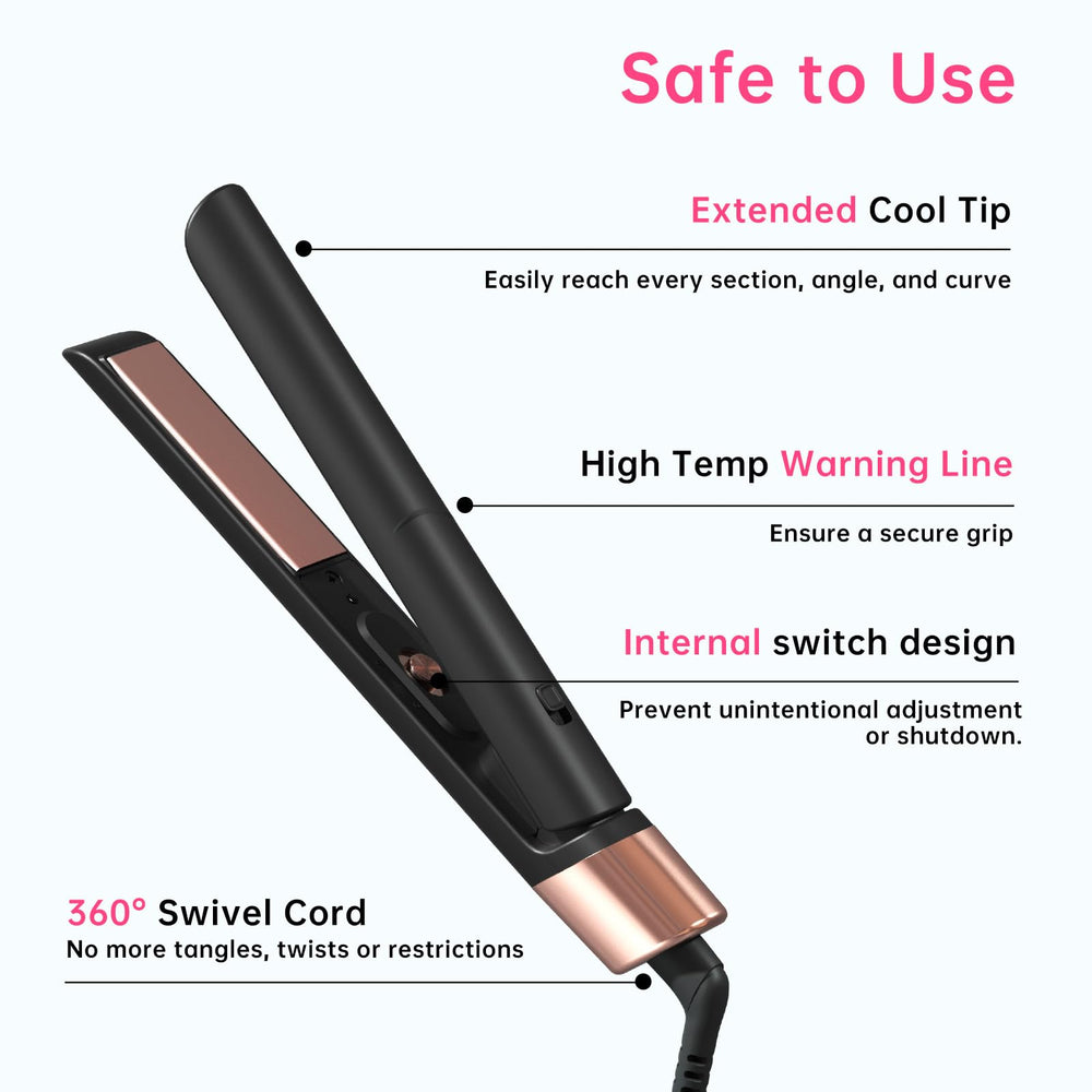 AIMSEE safety features provide a high-temp warning and cool-top handling for safe styling.