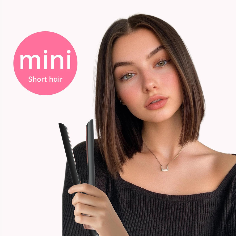 AIMSEE travel flat iron showcased in compact design with secure lock for easy packing.