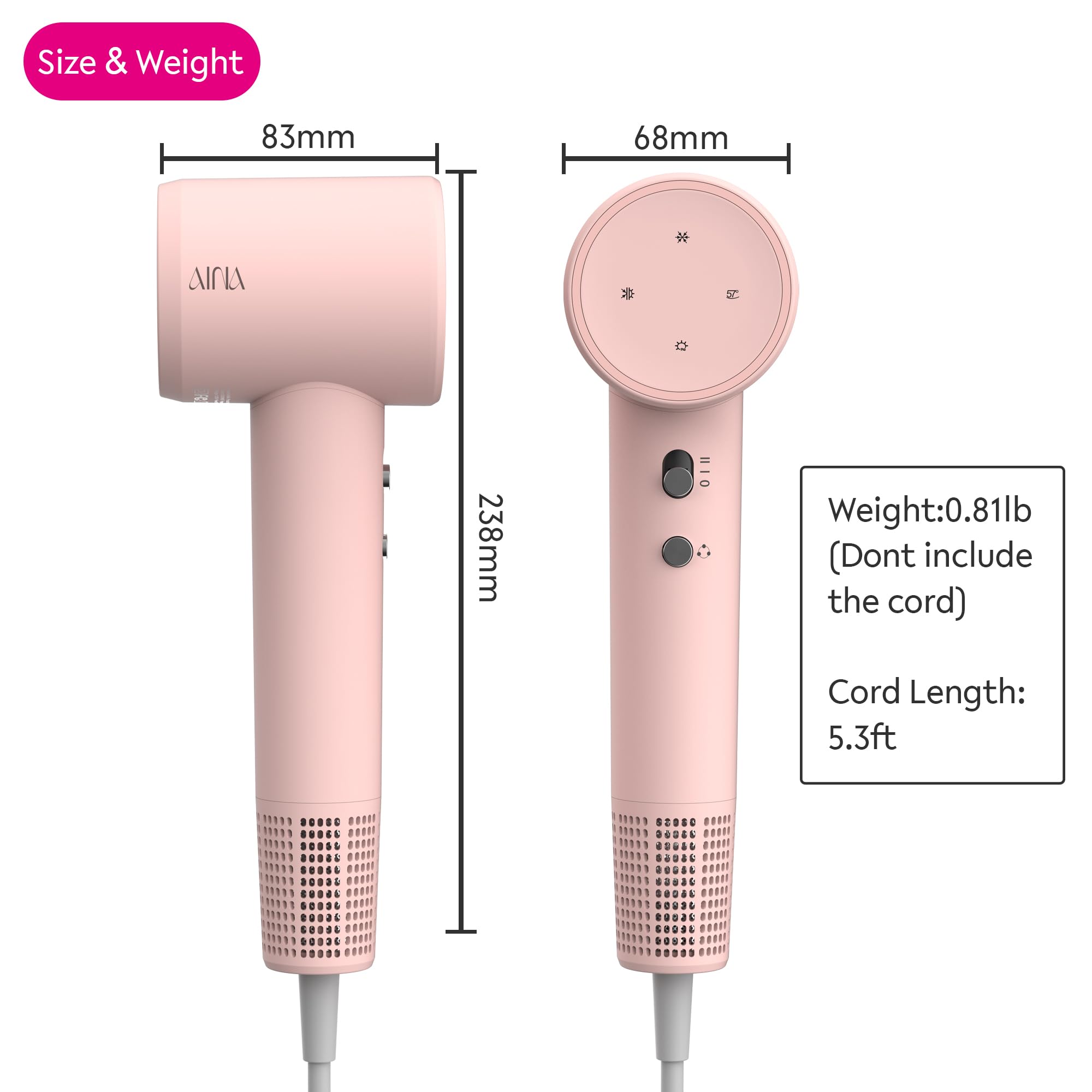 AINA hair dryer 110000 rpm wind showcases strong airflow for swift styling.