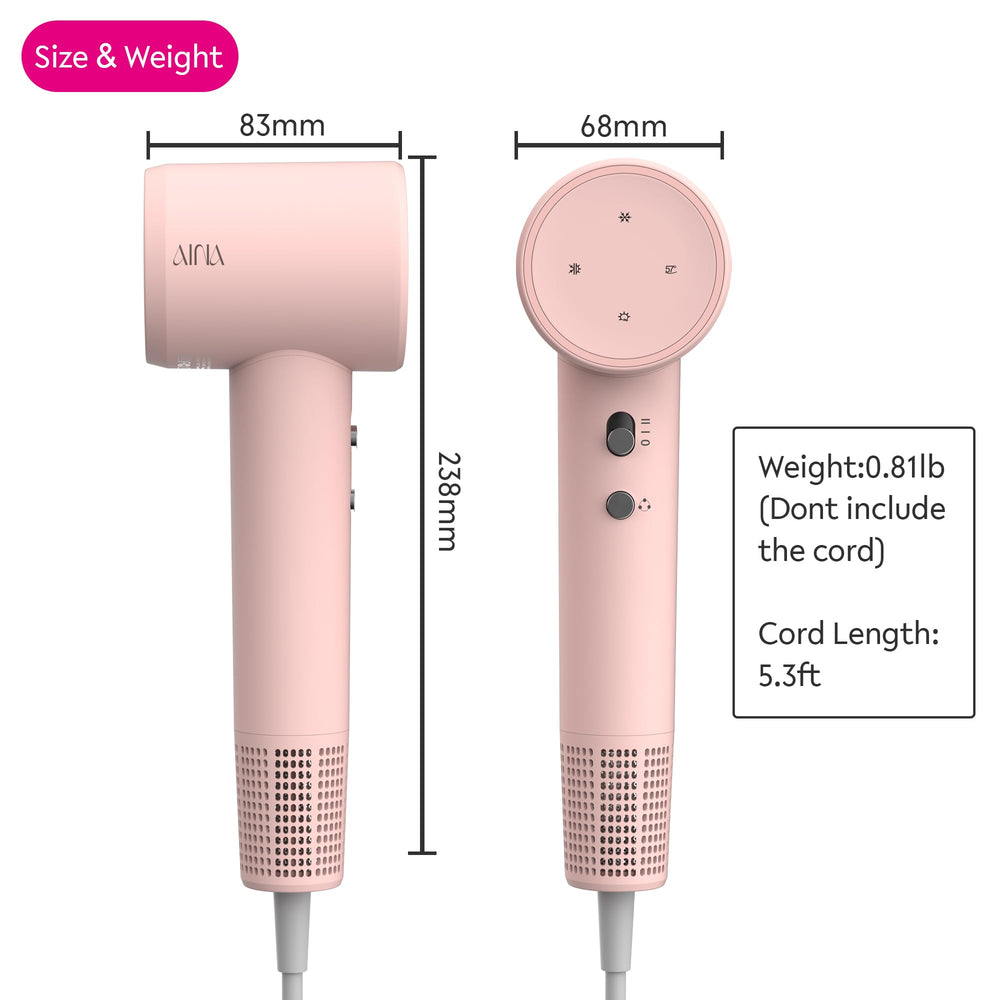 AINA hair dryer 110000 rpm wind showcases strong airflow for swift styling.