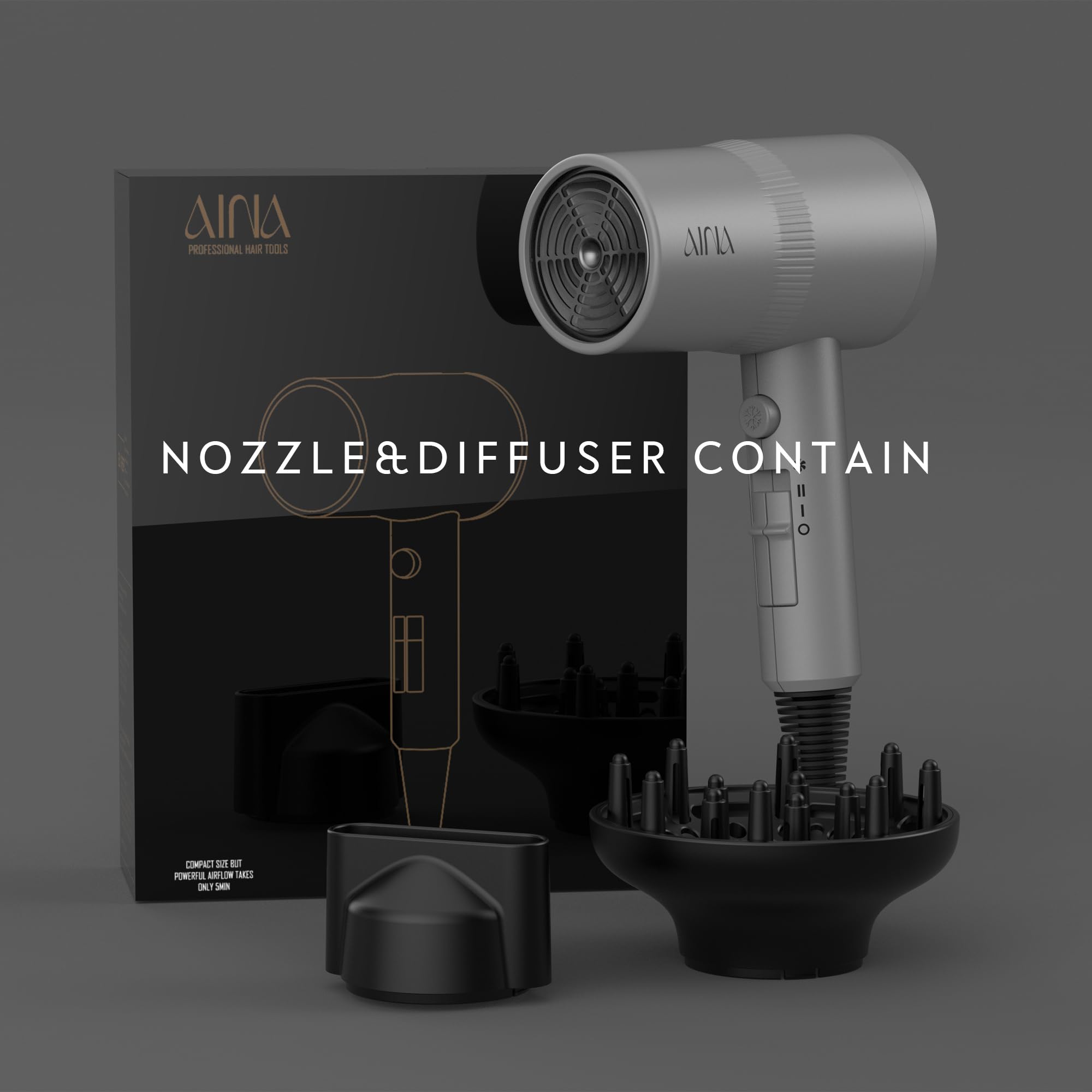 AINA dryer with 2 heat 2 speed controls for precise styling.