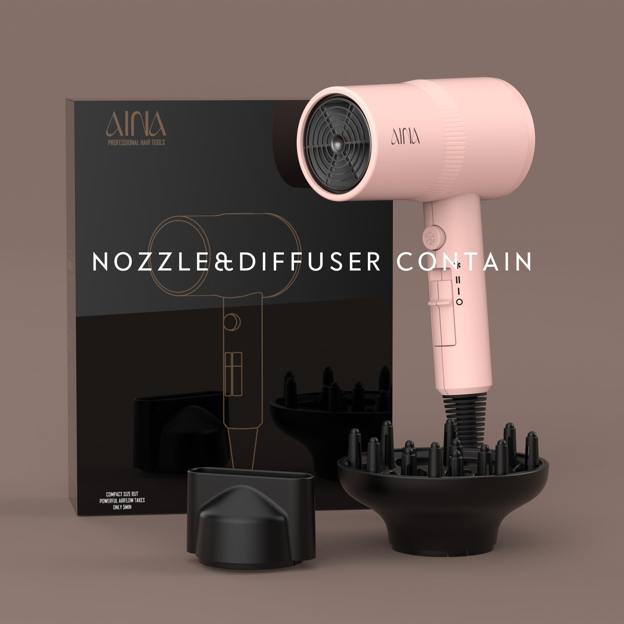 AINA hair dryer babe pink controls and cold shot button enable easy styling