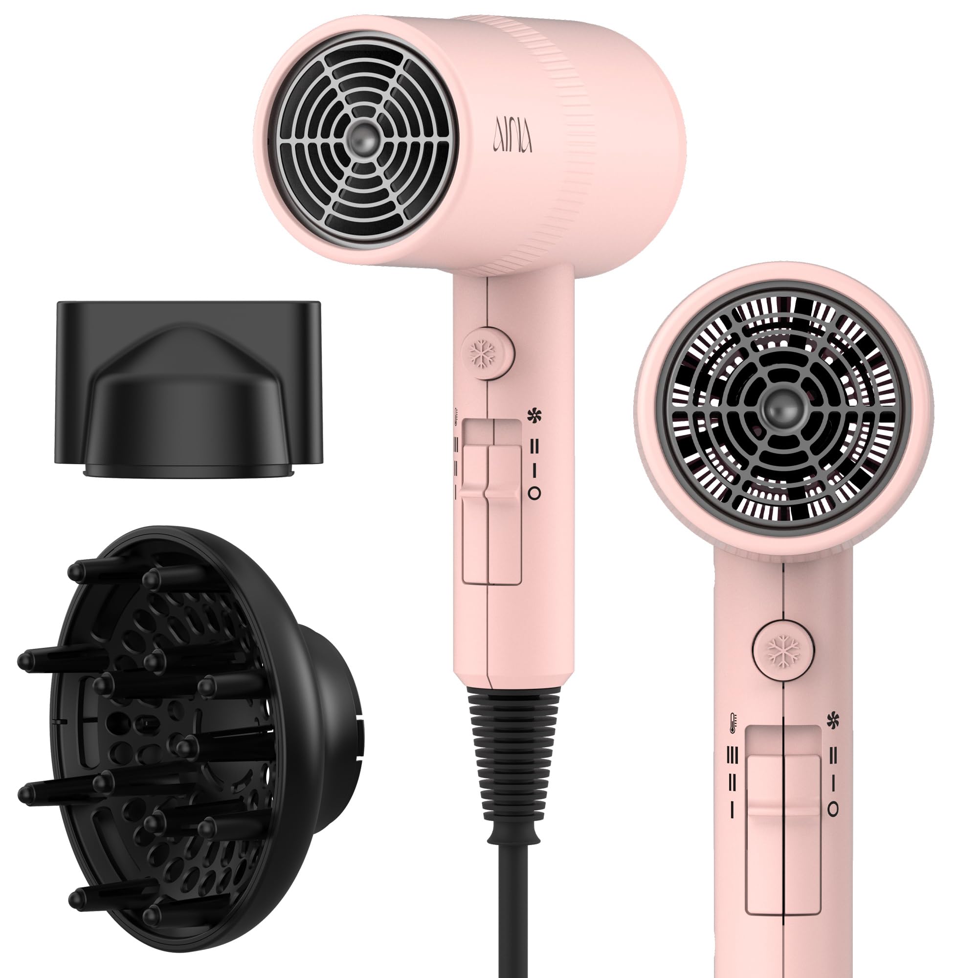 AINA hair dryer babe pink front view shows sleek design for quick styling