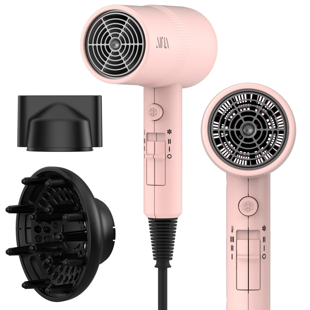 AINA hair dryer babe pink front view shows sleek design for quick styling