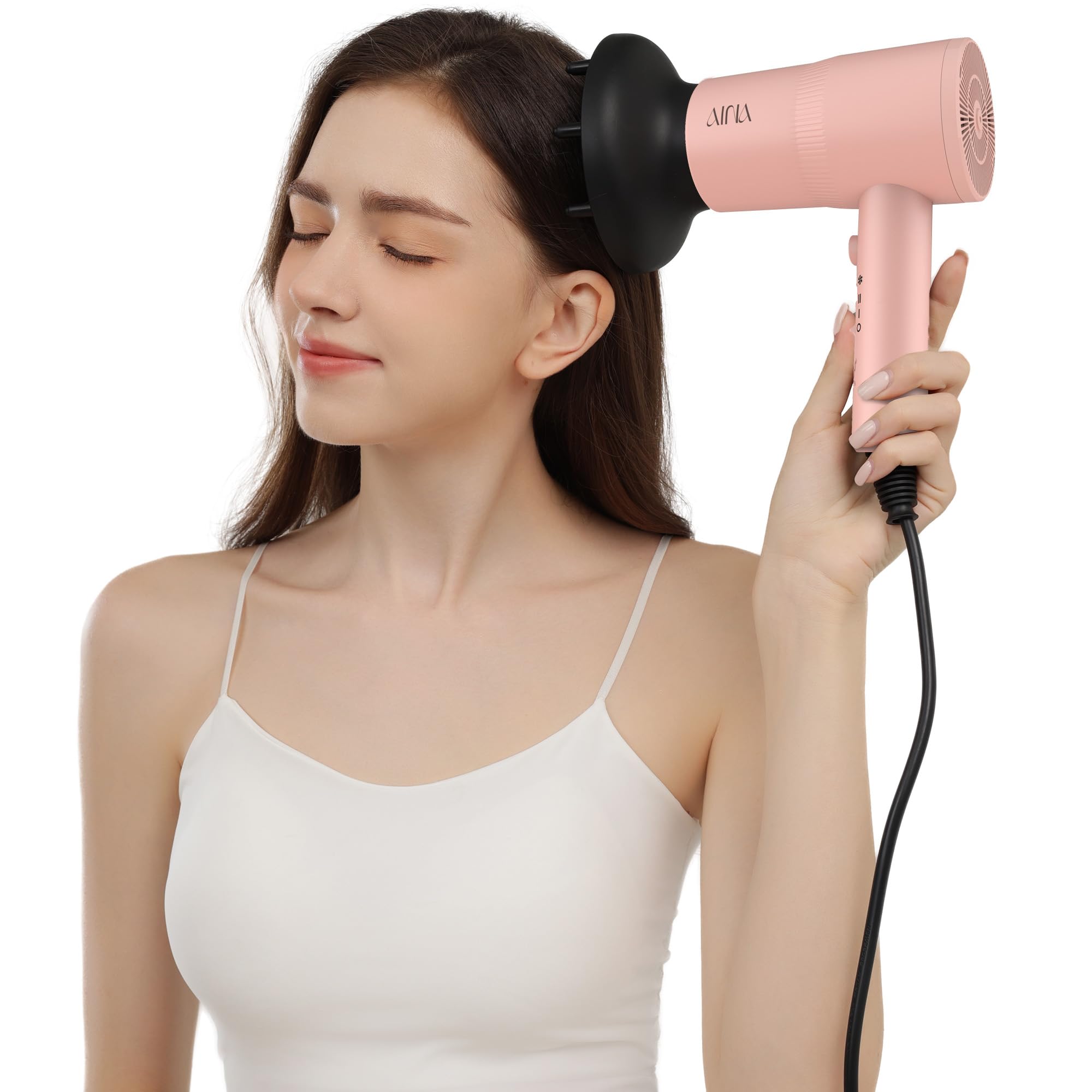 AINA hair dryer babe pink in-use styling reduces frizz and speeds drying